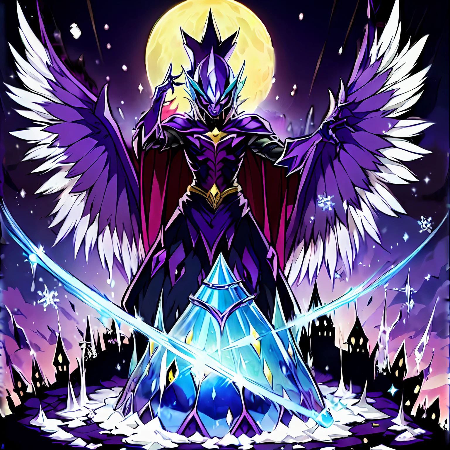 digimon \(creature\),masterpiece, best quality, Beautiful Art Style, 1boy, Solo,young man, ((Vil Schoenheit as a Digimon)), ((Evil queen from Snow White themed )),((Glass Wings)), ((Bird like)),((Purple Skin)),(( Blonde hair with a purple gradient))((White , Purple and Light blue color scheme)), Dynamic pose, Mid transformation sequence , stylish pose, ((Evil))