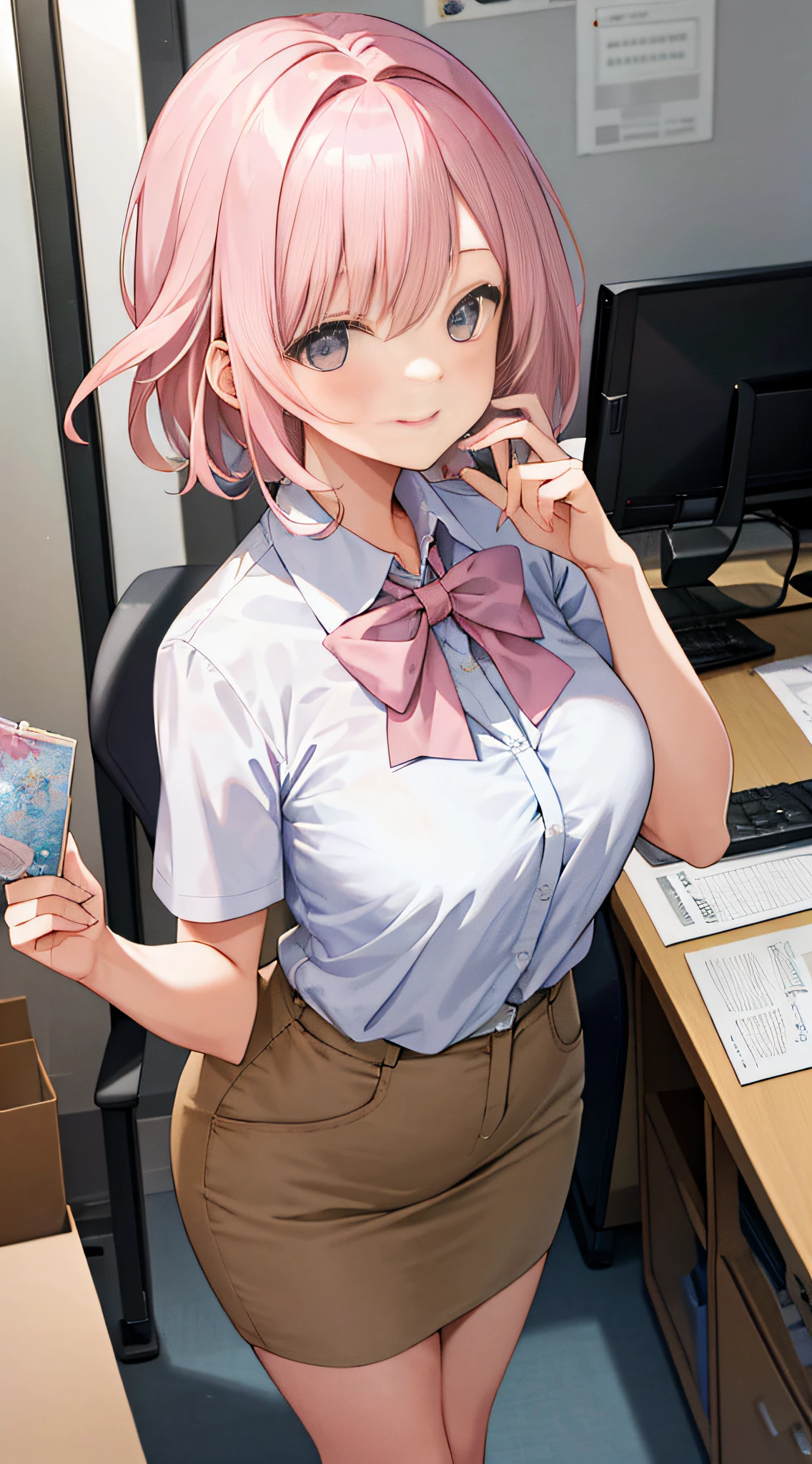 ((masterpiece, best)),(1girl),((mature woman)), light pink hair, dizzy, trumpet, ((office lady)), bangs, mid-chest, (full), slim, smiling, [wide hips] ,office,standing, aru \(blue archive\),