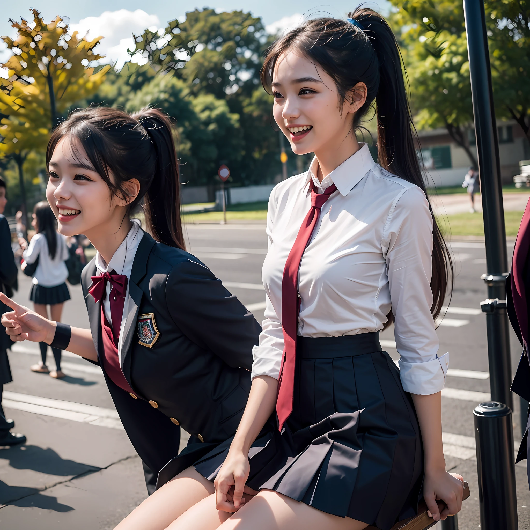 1girl, (indonesian highschool uniform), outdoors, detailed face, detailed eyes, medium breasts, shiny skin, looking at the audience, (laughing cute: 1.2), (happy), (8k, RAW photo, best quality, masterpiece: 1.2), (realistic, realistic: 1.37), ultra-high resolution, ponytail