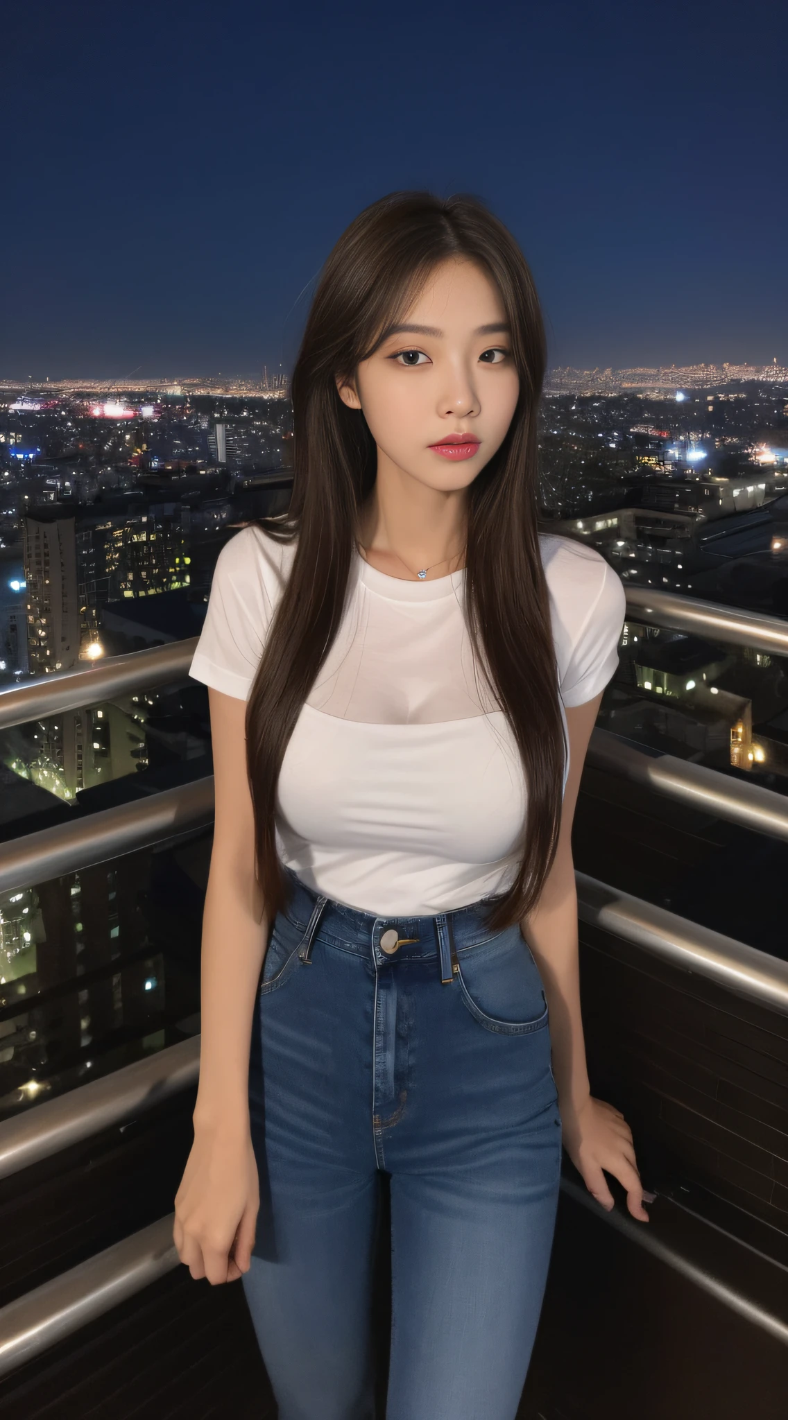 ((Midnight, Best quality, 8k, Masterpiece :1.3)), Whole body, Long legs, Sharp focus :1.2, A pretty woman with perfect figure :1.4, Slender abs :1.1, ((Dark brown hair, Big breasts :1.2)), (White tight tshirt, Jean bib, Standing:1.2), ((Night city view, Rooftop:1.3)), Highly detailed face and skin texture, Detailed eyes, Double eyelid
