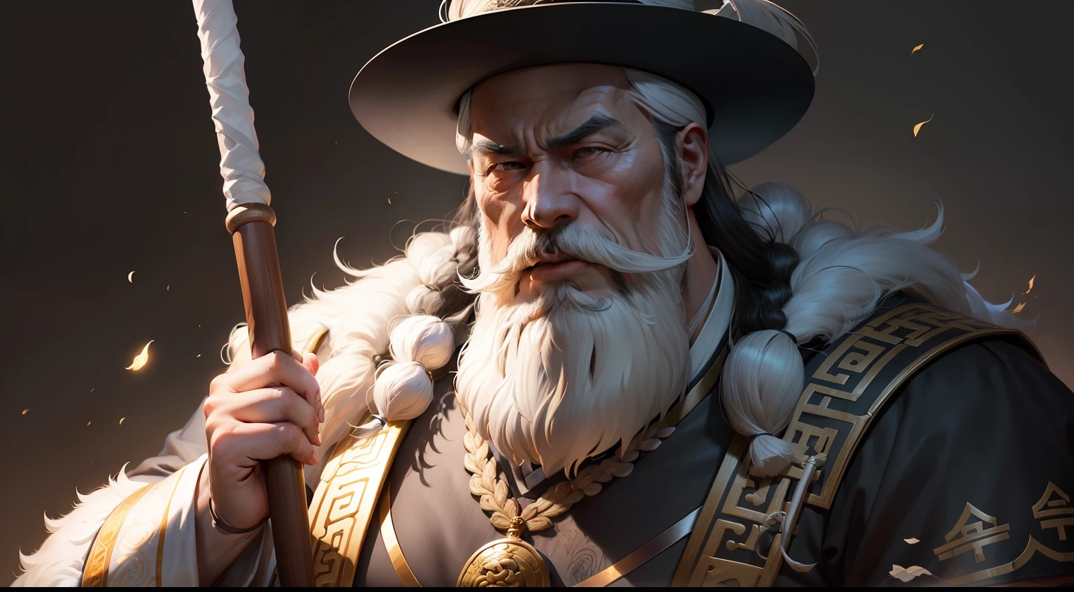 arafed man with a long white beard and a cane, inspired by Wu Daozi, inspired by Hu Zaobin, taoist master, inspired by Li Cheng, inspired by Zhang Lu, taoist priest, inspired by Wu Bin, inspired by Dong Yuan, inspired by Cheng Zhengkui, inspired by Li Zai, inspired by Li Shixing