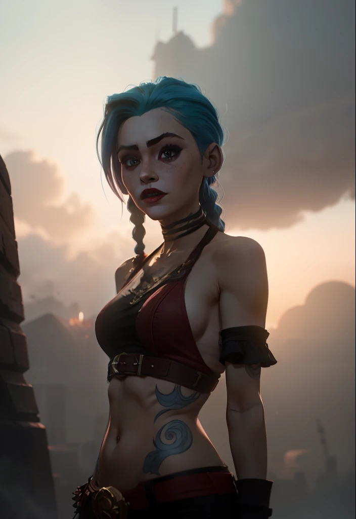 Jinx. Arcane. Jinx: She has asymmetrical fringe, cabelo azul. Jinx has with big blue braids, camisa marrom, tatuagem de nuvem, cabelo azul, cabelos longos. Olhos cor de rosa, red-lips, standingn. Jinx tem tatuagem de nuvem, twin braids and frandes, Jinx de Arcane. Jinx. Jinx, Arcane\(league of legends\)