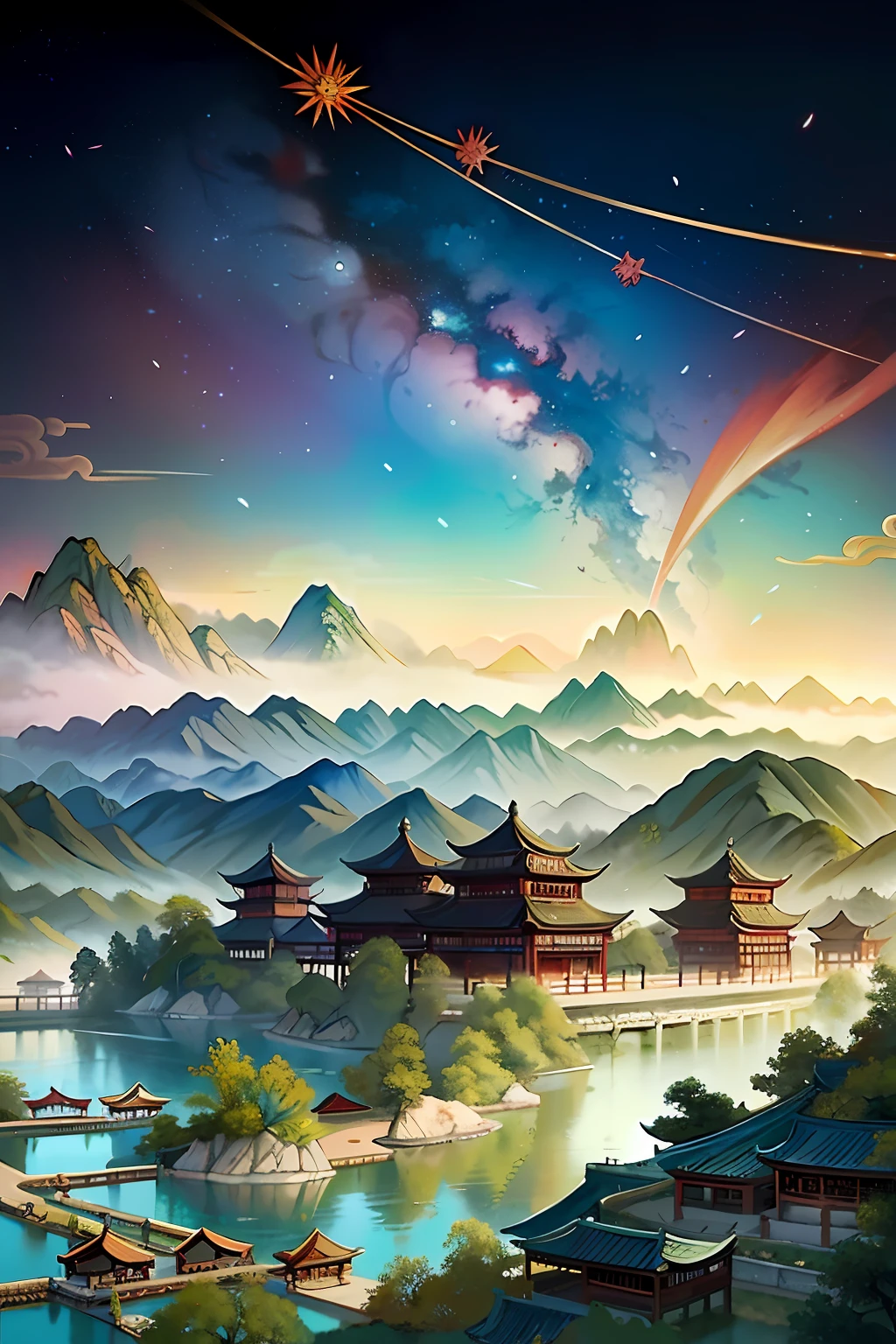 An ancient Chinese painting, ancient Chinese background, mountains, rivers, auspicious clouds, pavilions, sunshine, masterpieces, super detail, epic composition, ultra HD, high quality, extremely detailed, official art, unified 8k wallpaper, Super detail, 32k -- v 6