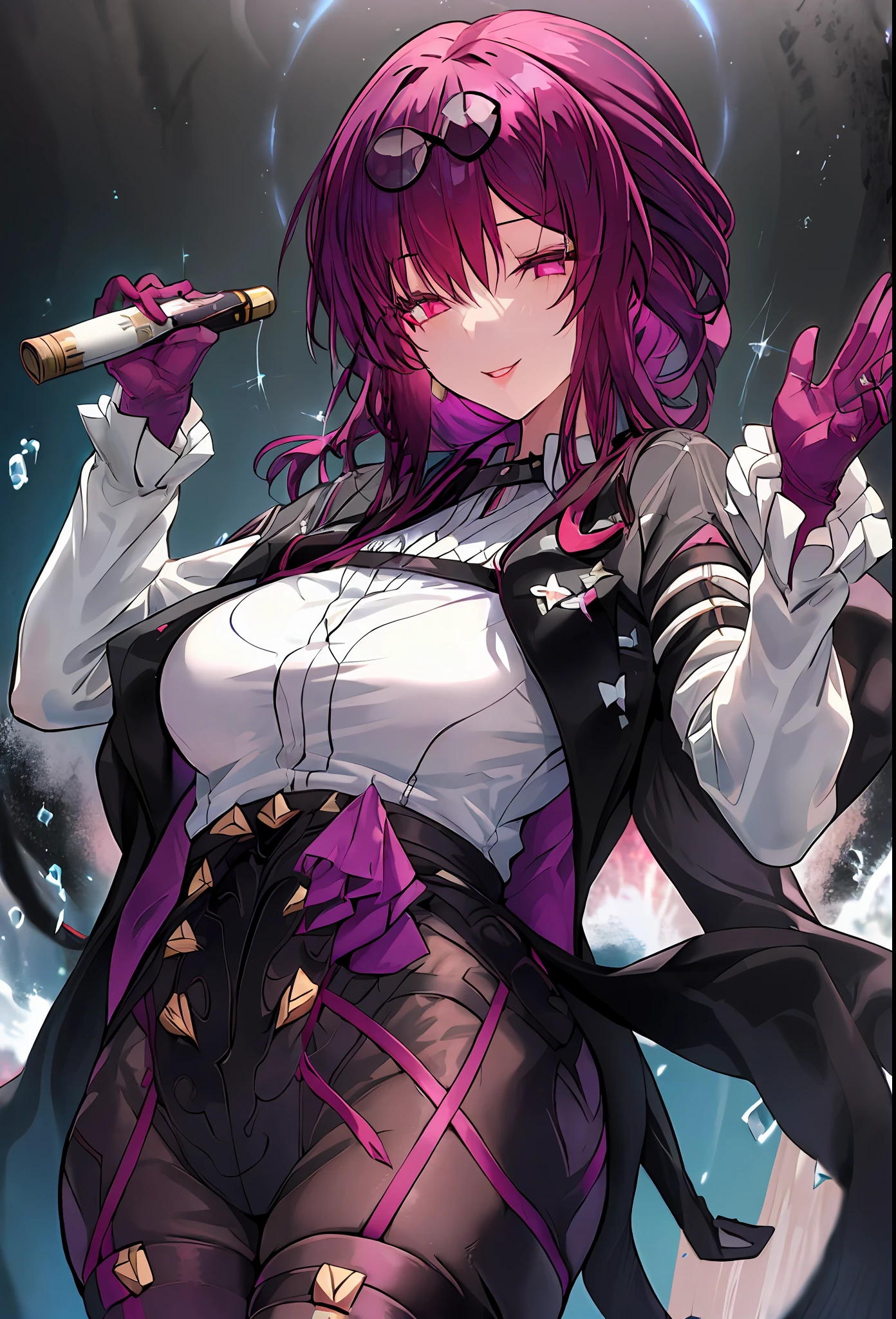 (Masterpiece, Best quality),8K, one-girl, 独奏, KafkaHKS, Playful expression!eyewear on head, hair between eye,Long sleeves, Purple gloves, White shirt, Black silk thighs, sunglasses on head, long whitr hair, looking at viewert, Reddish-purple hair,a pink eyes, Short purple nails, Scarlet eyes,long whitr hair,Wine,wineglass
