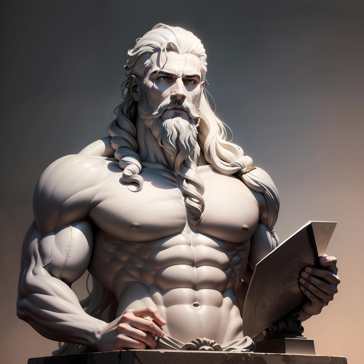 gray statue of sturdy Zeus, god of thunder, deus grego, no Monte Olimpo, cabelo branco, corpo inteiro, maduro, bonito, fantasia, intrincado, elegante, altamente detalhado, pintura digital, Artistic Station, arte conceitual, suave, foco nítido, illustration, olhando de lado