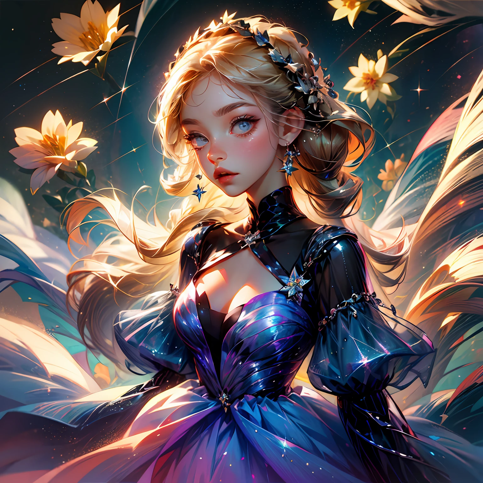 (best quality, masterpiece), 1girl, galaxy, glitter, dress, particle, wind, flower, upper body, dark simple background, looking at viewer, blonde, --auto --s2