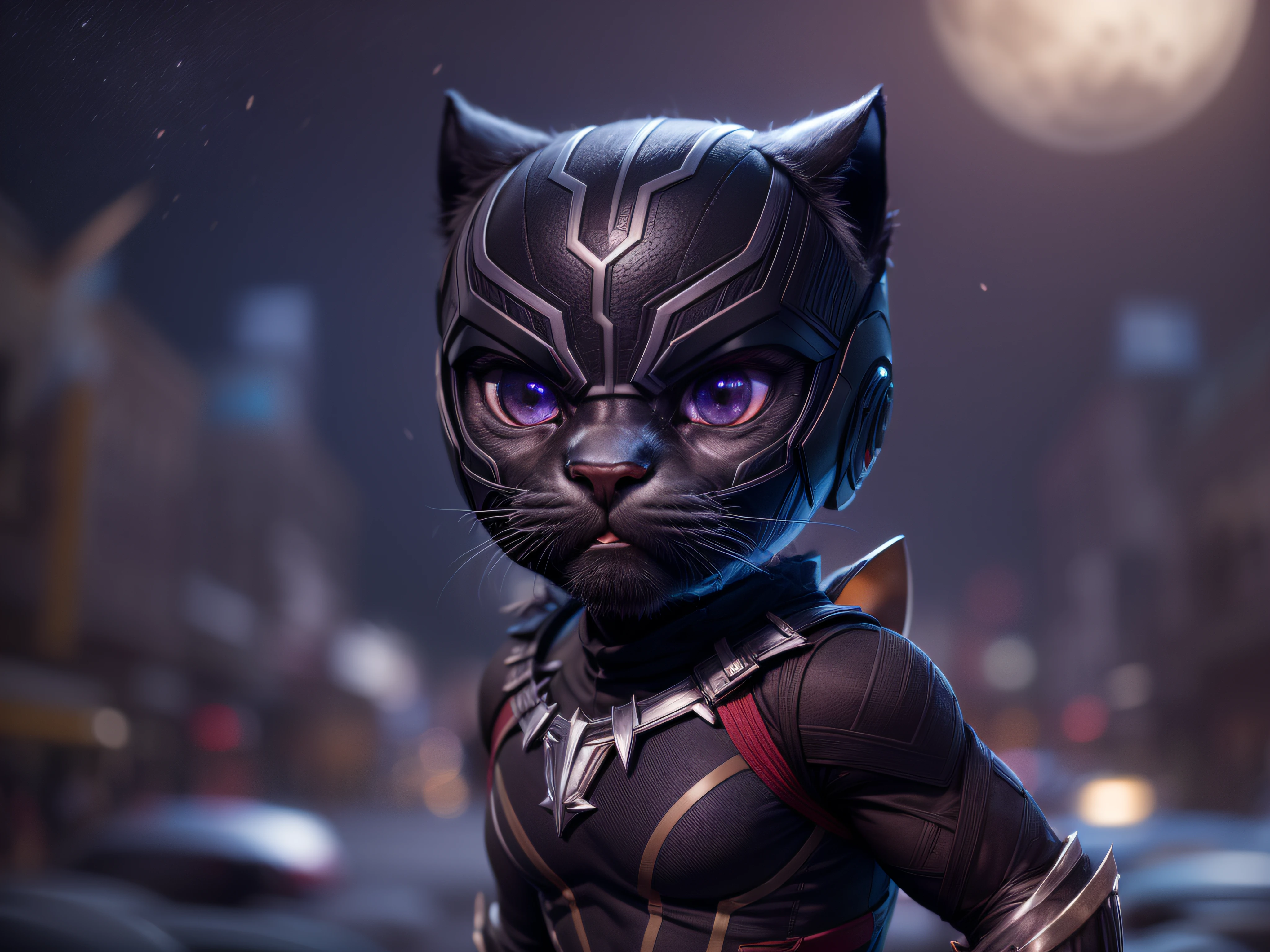 Close a powerful threat, The graceful appearance of a Black Panther Marvel dressed in violet uniform , preto e vermelho em uma manjedoura;, menacing stare, ricamente detalhado, Hiper realista, 3D-rendering, obra-prima, NVIDIA, RTX, ray-traced, Bokeh, Night sky with a huge and beautiful full moon, estrelas brilhando, 8k,
