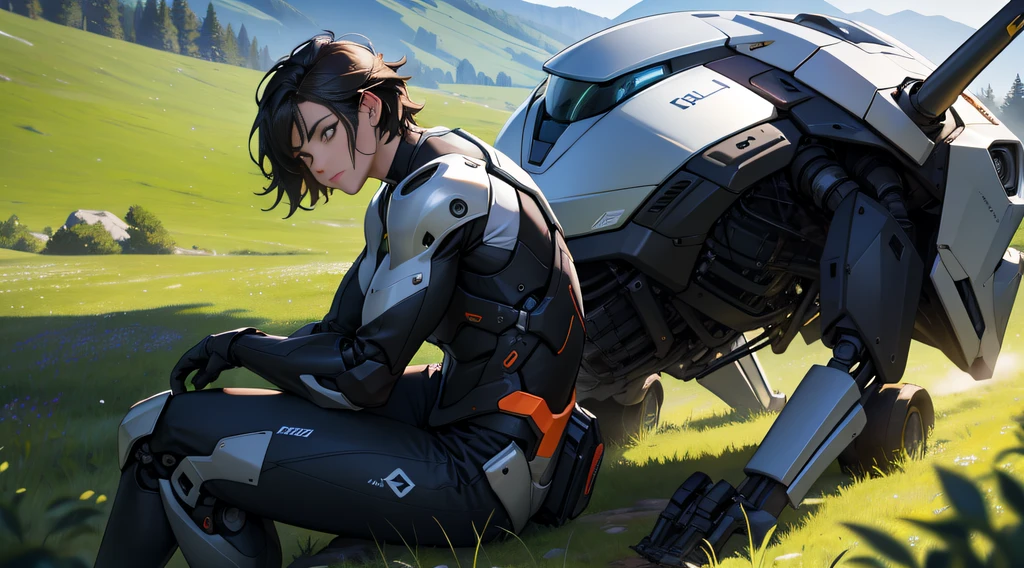 mtu，sideface，Sit Pose，pondering，Background Is Meadow，Wears an exoskeleton mech，Strong body，short detailed hair