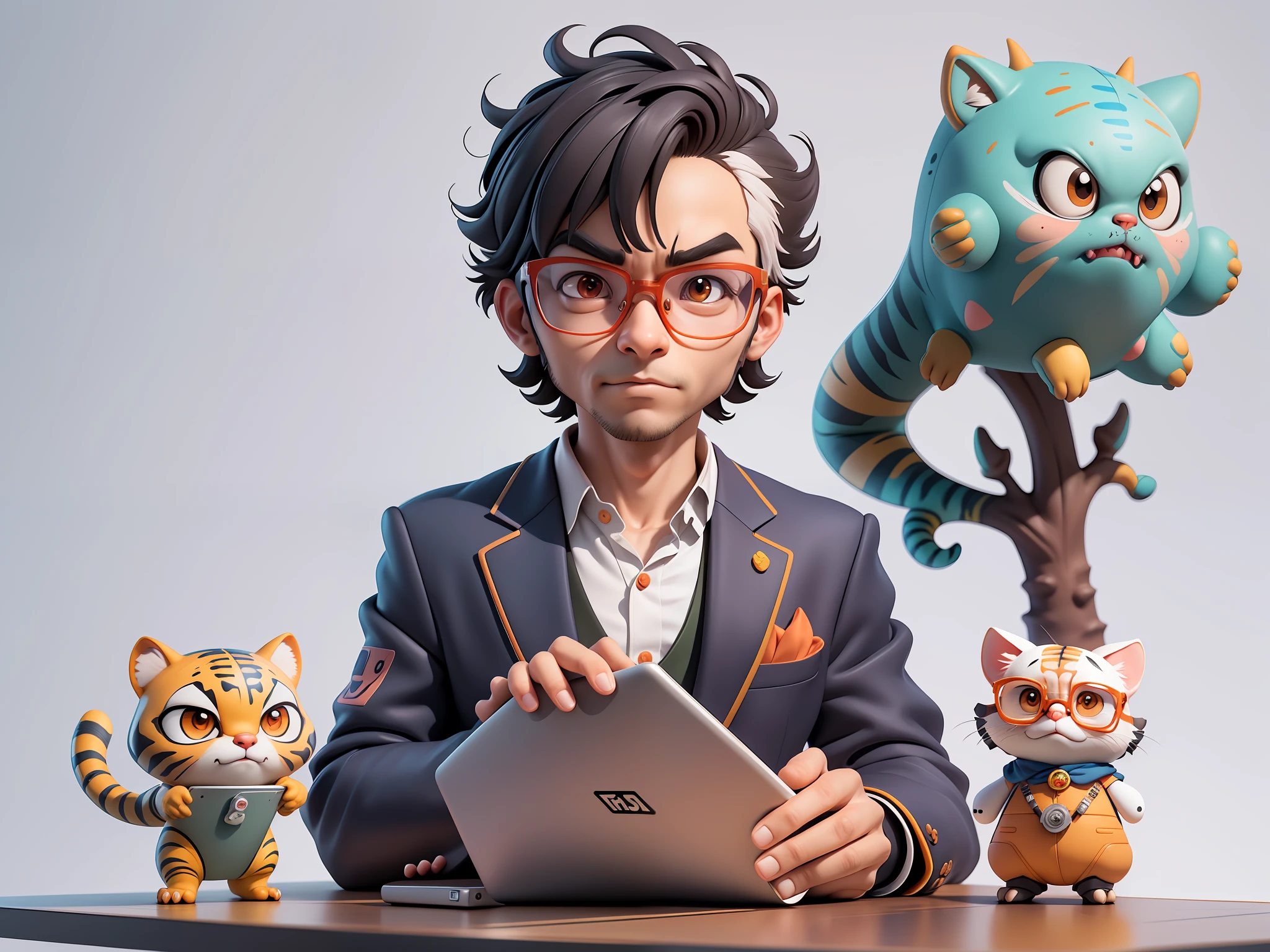 A young man in a suit, Short hair and glasses sat at his desk,holding laptop,digitial painting,tigre,3D character design by Mark Clairen and Pixar and Hayao Miyazaki and Akira Toriyama,4K HD illustration,Very detailed facial features and cartoon-style visuals。