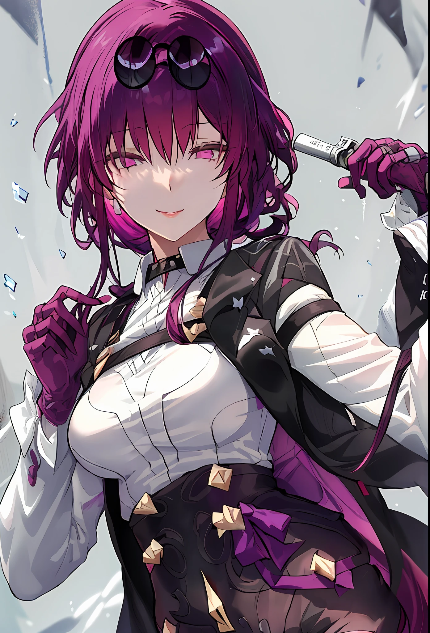 (Masterpiece, Best quality),8K, one-girl, 独奏, KafkaHKS, Playful expression!eyewear on head, hair between eye,Long sleeves, Purple gloves, White shirt, Black silk thighs, sunglasses on head, long whitr hair, looking at viewert, Reddish-purple hair,a pink eyes, Short purple nails, Scarlet eyes,long whitr hair,Wine,wineglass
