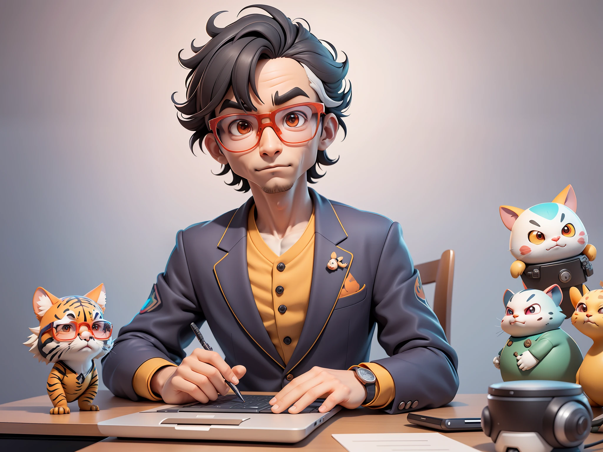 A young man in a suit, Short hair and glasses sat at his desk,holding laptop,digitial painting,tigre,3D character design by Mark Clairen and Pixar and Hayao Miyazaki and Akira Toriyama,4K HD illustration,Very detailed facial features and cartoon-style visuals。