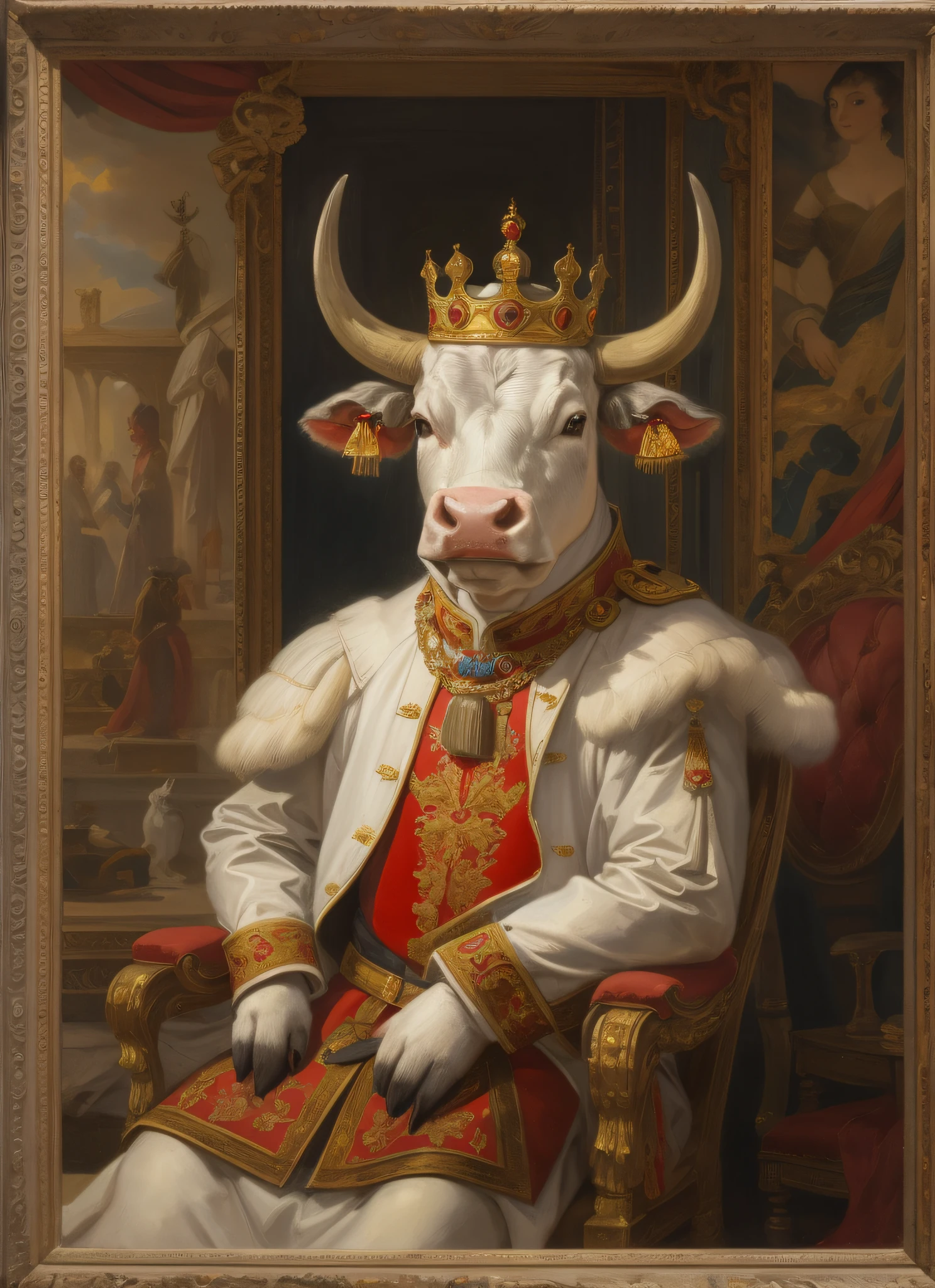 Three-quarters side,Three-quarters of a white bull's head on one side,A cow with a crown and red nobility, majesty in noble clothes,Sit in a gorgeous chair,Voith, painted in high resolution, Inspired by Albert Kuyp, Inspired by Nicolas Eliasson Pikenoi, inspired by Nicolaes Maes, royal portrait, author:Tadeusz Pruszkówski, Inspired by Ferdinand Bohr's bullhead,Cow's hooves