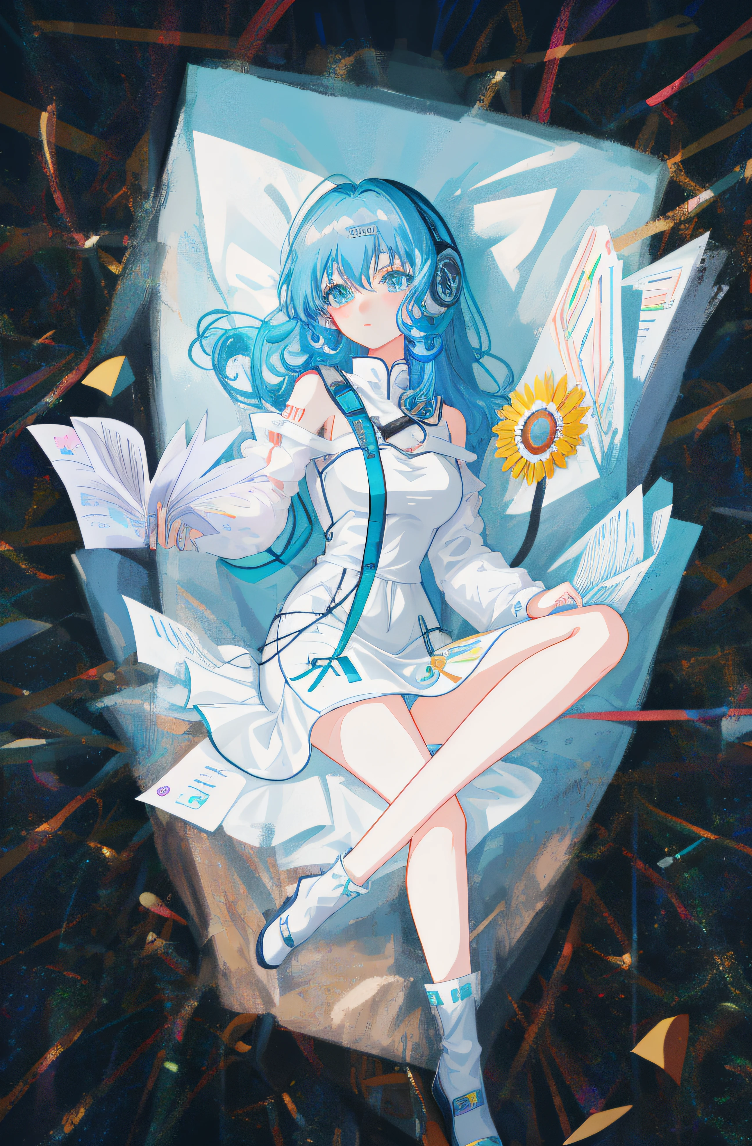 Anime girl with blue hair and glasses sitting on a pile of paper, vocaloid, Digital art on Pisif , mikudayo, nightcore, Anime art wallpaper 8 K, Pisif style, Pisif,  style of anime4 K, Anime girl with teal hair, By Yuumei, An anime cover, Pisif Contest Champion, anime styled digital art，best qualityer}， {{tmasterpiece}}， {Extremely Delicately Beautiful}，Excellent light and shadow，Extremely detailed wallpapers，Clear and bright sunlight，Blushlush，Strong sunshine，Exquisite Hair，authentic skin texture，droopy bosom，Clear pores and skin wrinkles，Wide shoulders，janelas，（（Strong light shines on the face））， full bodyesbian，Huge，Sagging chest，Open-chested cheongsam