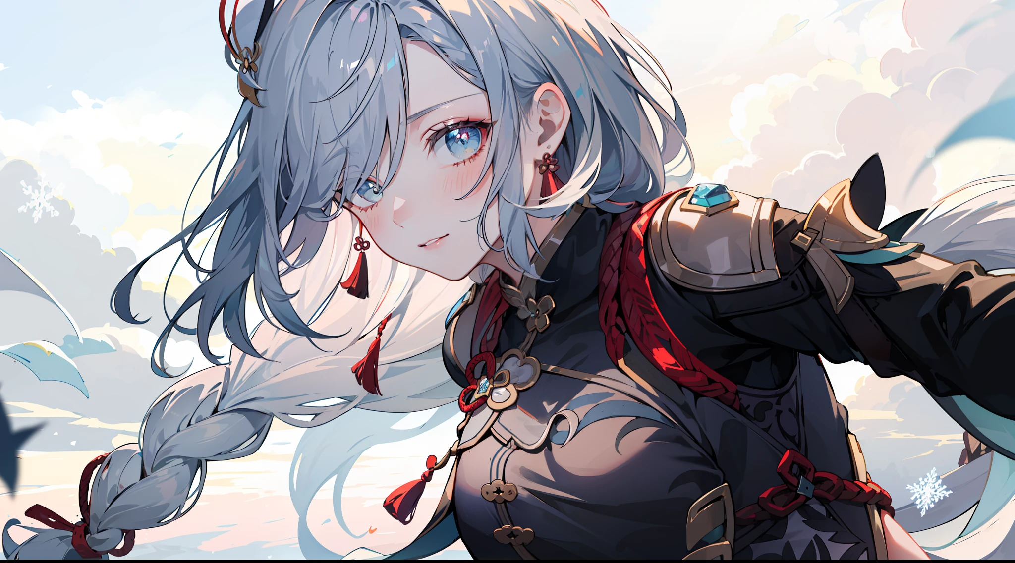 shenhedef, upper body, seductive look, blush, outdoors, snowflake scenery, looking at viewer, cloudy, moody lighting, (perfect detail eyes:1.2), glowing eyes, (long hair one braid:1.2), elemental skill effect, (Masterpiece, Best Quality, High Quality:1.4), professional artwork, Intricate Details, field of view, sharp focus, detailed painting, photorealistic lighting, trending on pixiv, (vivid lighting, vibrant colors:1.05), realistic shadows, ambient occlusion, (athletic body:1.3), mature woman, 30yo,
