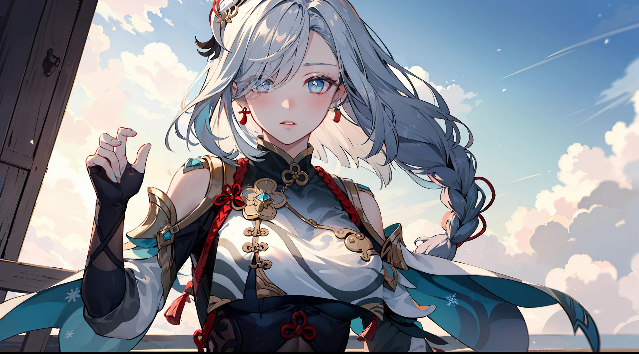 shenhedef, upper body, seductive look, blush, outdoors, snowflake scenery, looking at viewer, cloudy, moody lighting, (perfect detail eyes:1.2), glowing eyes, (long hair one braid:1.2), elemental skill effect, (Masterpiece, Best Quality, High Quality:1.4), professional artwork, Intricate Details, field of view, sharp focus, detailed painting, photorealistic lighting, trending on pixiv, (vivid lighting, vibrant colors:1.05), realistic shadows, ambient occlusion, (athletic body:1.3), mature woman, 30yo,