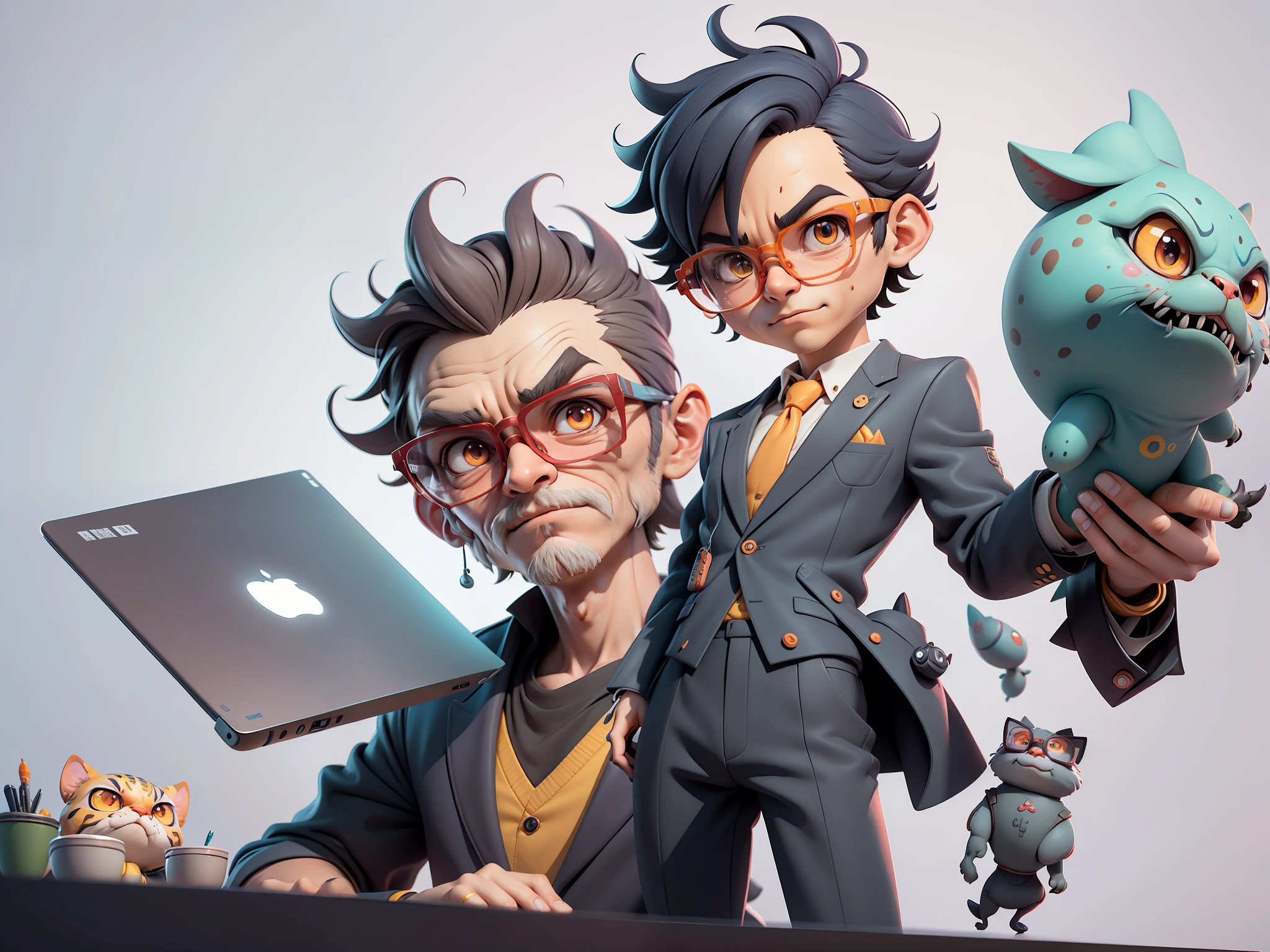 A young man in a suit, Short hair and glasses sat at his desk,holding laptop,digitial painting,tigre,3D character design by Mark Clairen and Pixar and Hayao Miyazaki and Akira Toriyama,4K HD illustration,Very detailed facial features and cartoon-style visuals。