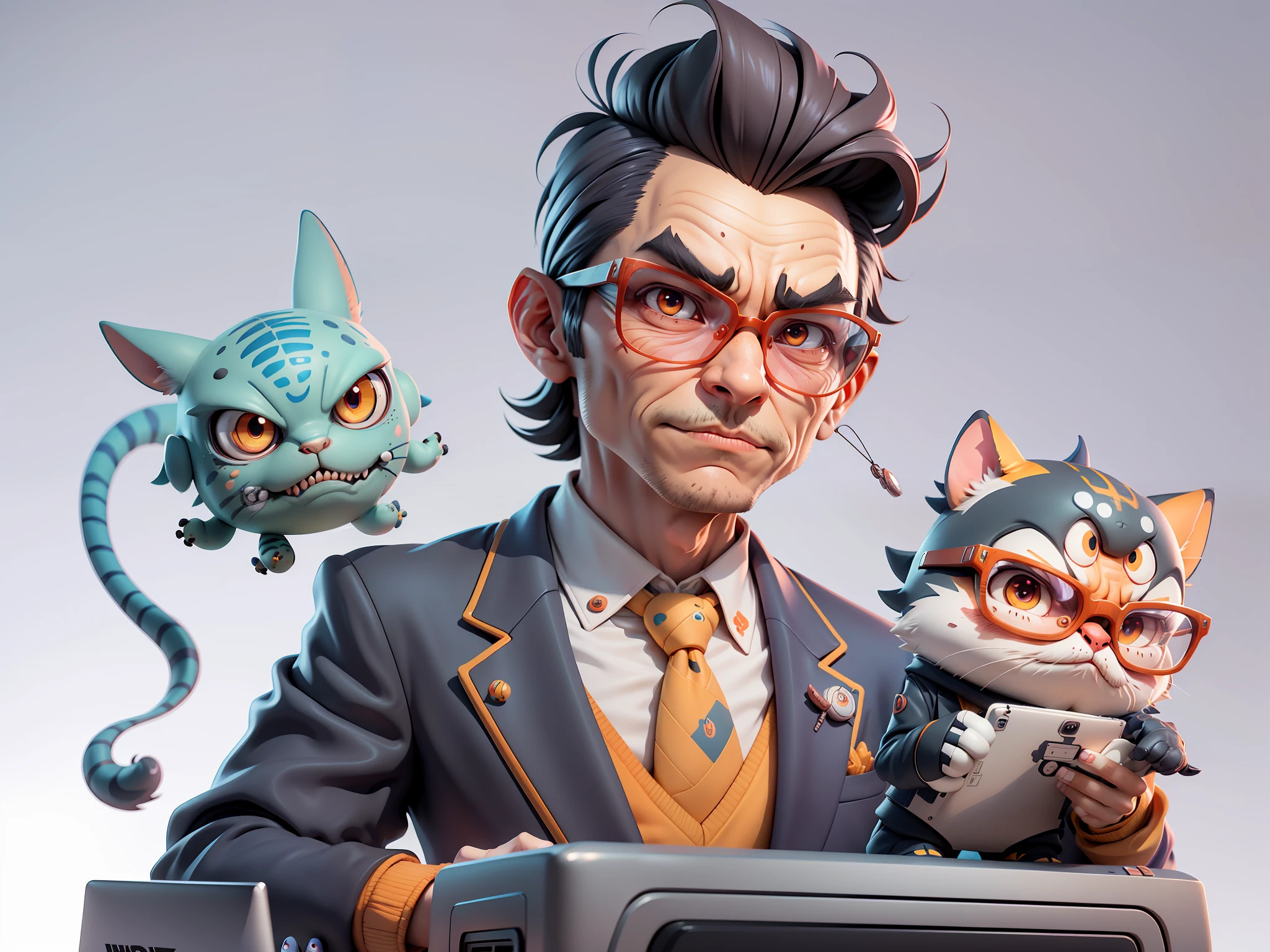 A young man in a suit, Short hair and glasses sat at his desk,holding laptop,digitial painting,tigre,3D character design by Mark Clairen and Pixar and Hayao Miyazaki and Akira Toriyama,4K HD illustration,Very detailed facial features and cartoon-style visuals。