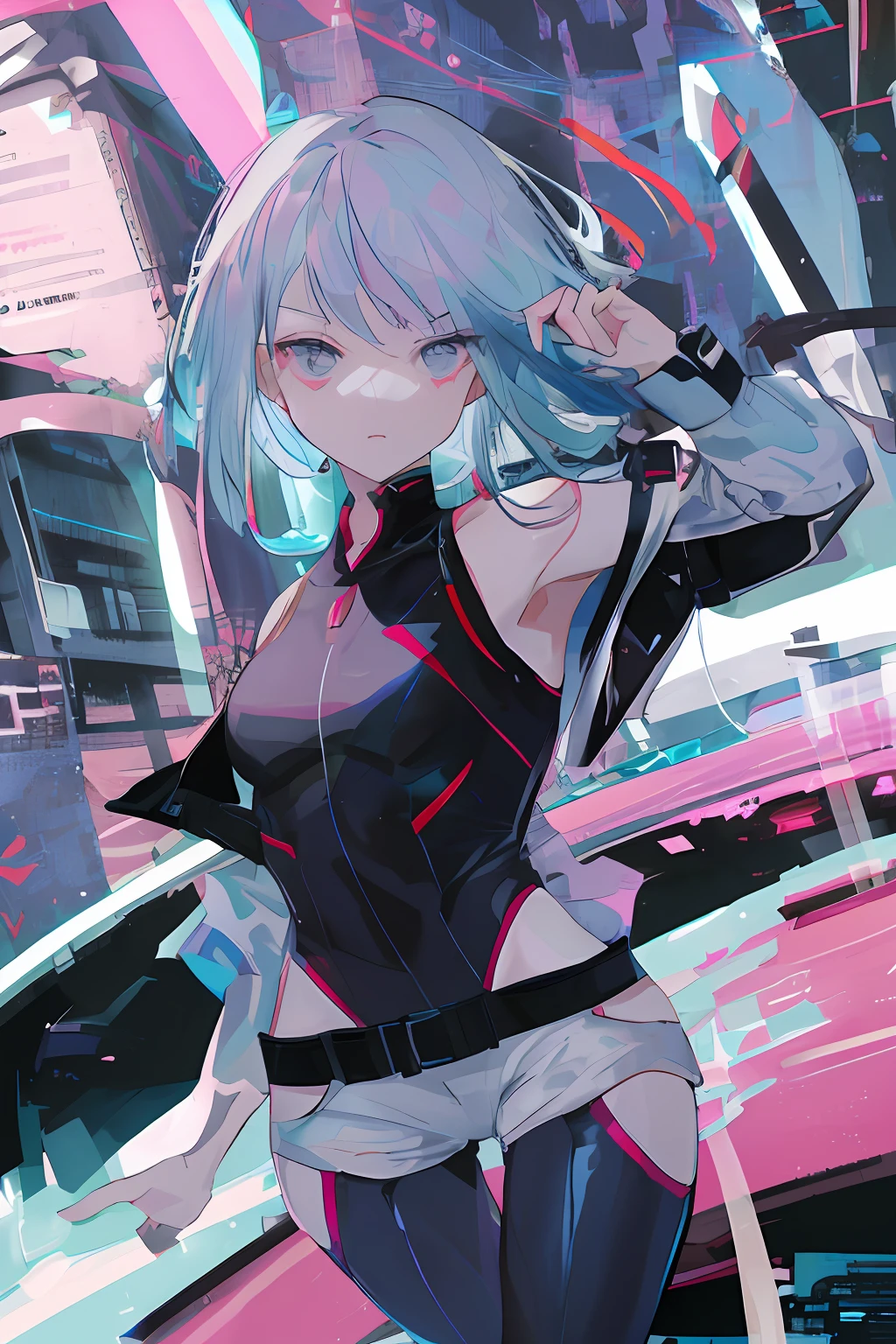 lucy \(cyberpunk\), 1girl, bangss, bare shoulders​, a belt, black belt, Black leotard, black trousers, bblurry, short hair, medium breasts, Clothing clippings, (black belt）、Cropped jacket、Cyberpunk、Black pants、bblurry、depth of fields、Gradient eyes、grey  eyes、white  hair、Pink eyeshadows、jaket、leotard、s lips、machine components、middlebreast, multicolored eyes, Light blue multicolored hair, Away from the shoulder, Open clothes, Open jacket, shortpants, Parting lips, Pink eyeliner, SF, short hair with long locks, shortpants, shortpants, Half-Long Silk Socks、side locks、独奏、Thigh cutout、White jacket、White shorts、cyberpunked \(series\)、Cyberpunk Edgerunner (ulzzang-6500:0.3