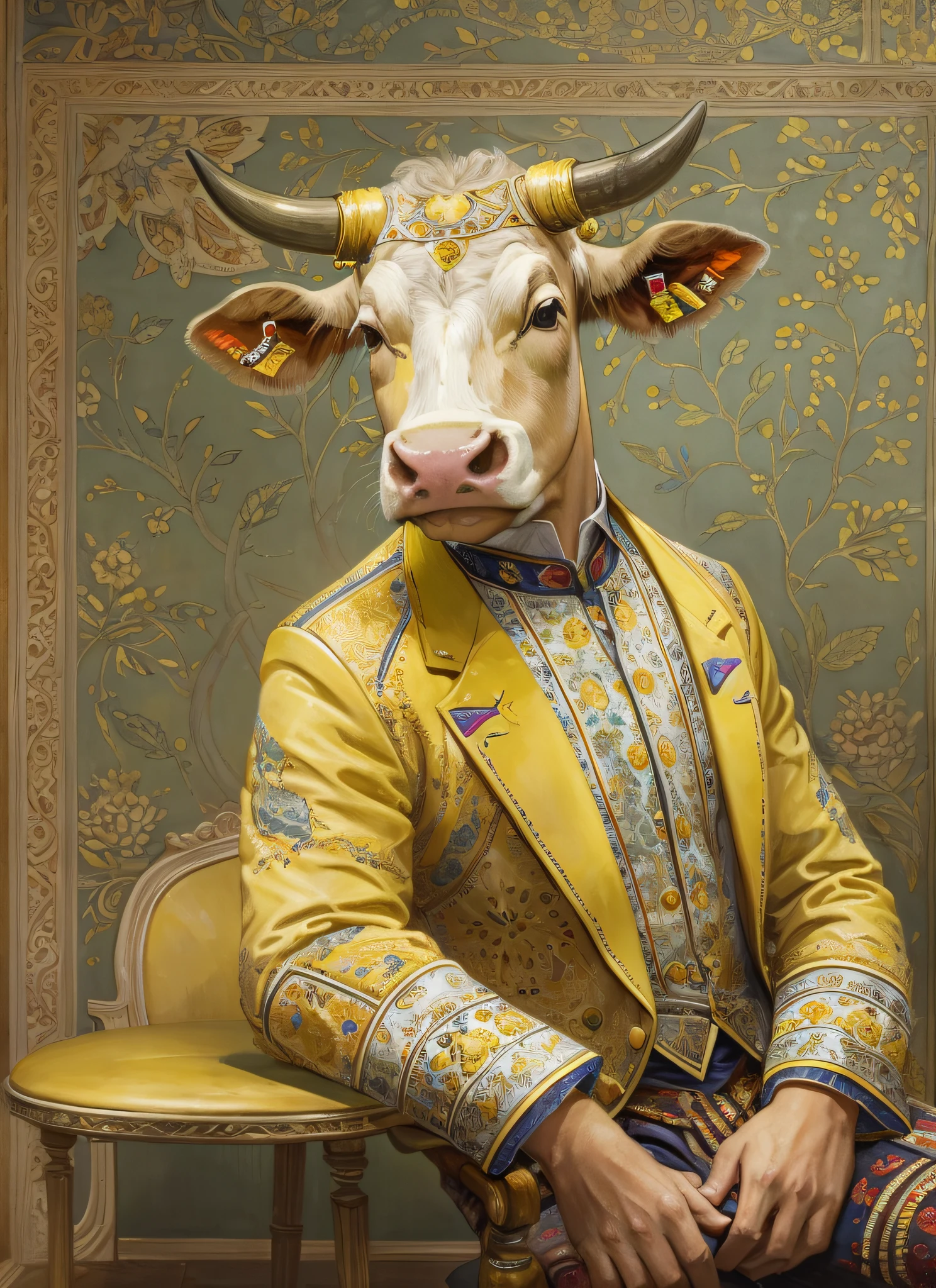 Three-quarters side,A cow dressed in a gentleman's filigree patterned costume,The light yellow bullhead wears noble clothes,Sit in a gorgeous chair,rcasual,looking at book,Voith, painted in high resolution, Inspired by Albert Kuyp, Inspired by Nicolas Eliasson Pikenoi, inspired by Nicolaes Maes, sportrait, author:Tadeusz Pruszkówski, Inspired by Ferdinand Bohr's bullhead,The hand is a cow's hooves