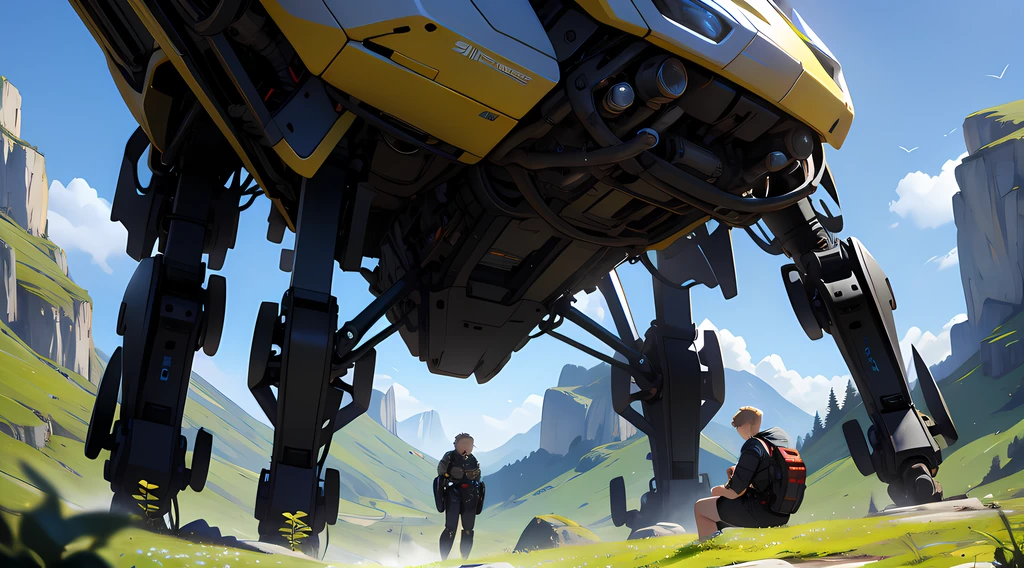 mtu,sideface,Sit Pose,pondering,Background Is Meadow,Wears an exoskeleton mech,Strong body,short detailed hair