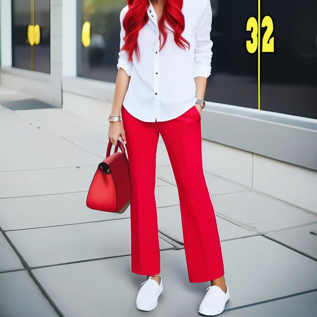 a woman in a white shirt and red pants is playing video game, simple style, wearing elegant casual clothes, muted red, simple clothes, milk and red style, casual clothing style, modern fashion outfit, wearing a fisher , casual modern clothing, inspo, red clothes, red pants, neutral tones, rred and white color scheme, casual business outfit, scary face, nike shoes, 22 years old, adult face, long hair, ((red hair))