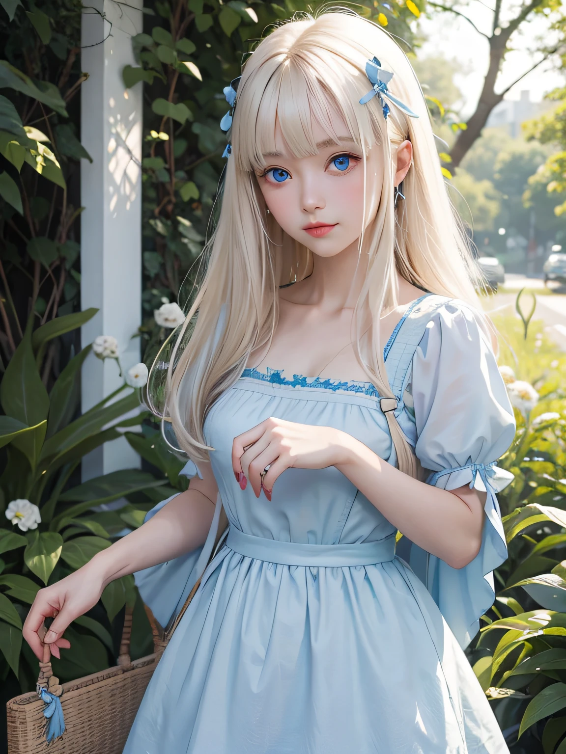 top-quality、超A high resolution、A picture、a photo of a cute girl、Detailed cute and beautiful face、(PureErosFace_V1:0.008)、beautiful bangs、alice in the wonderland、14years、White shiny skin、By bangs、Platinum blonde hair is extra-long, straight and silky hair、finer hair、Charming beautiful crystal clear blue eyes、White apron、a blue dress、nomake-up