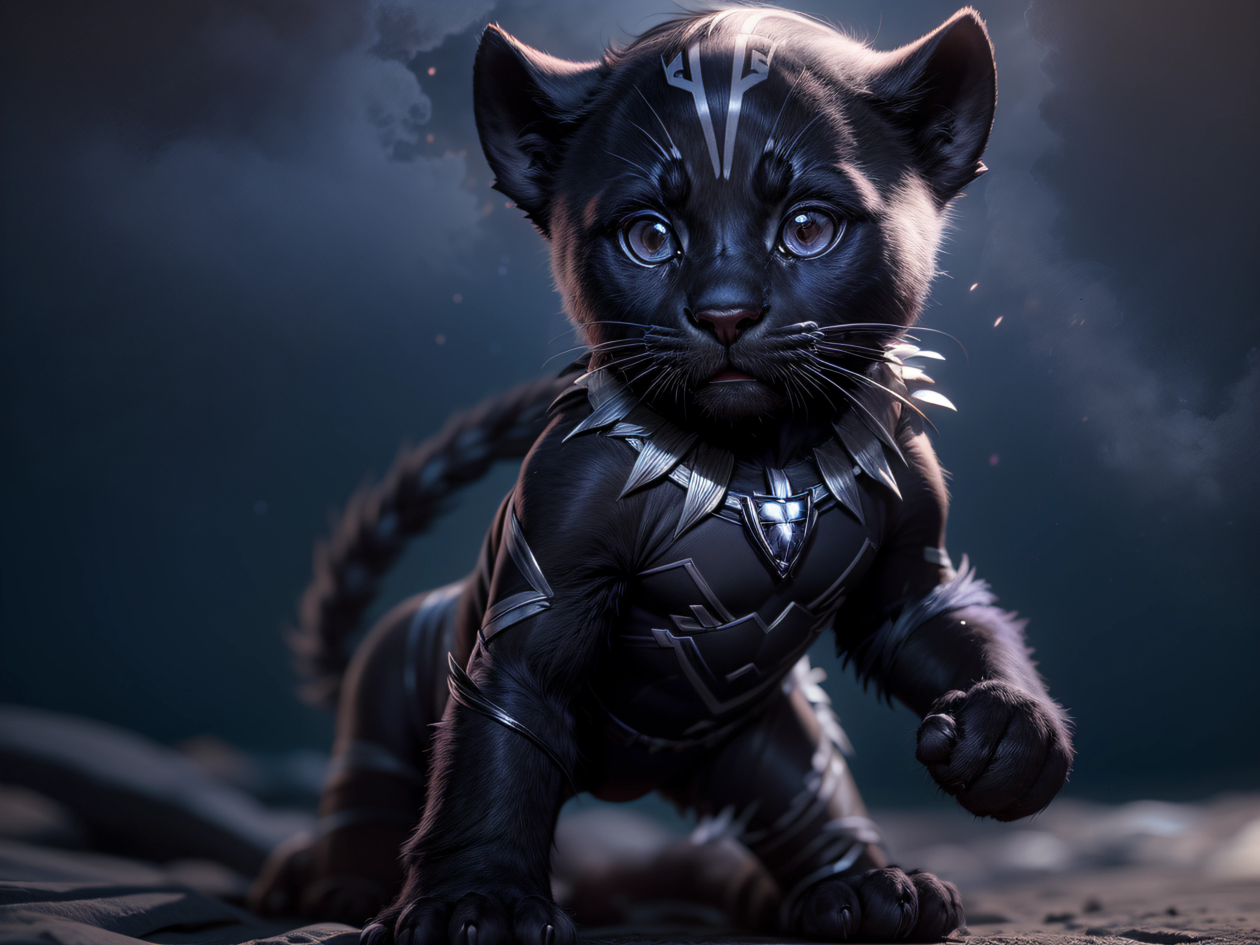 Close a powerful threat, The graceful appearance of a Black Panther Marvel  dressed in violet uniform , preto e vermelho em uma manjedoura;, menacing stare, ricamente detalhado, Hiper realista, 3D-rendering, obra-prima, NVIDIA, RTX, ray-traced, Bokeh, Night sky with a huge and beautiful full moon, estrelas brilhando, 8k,