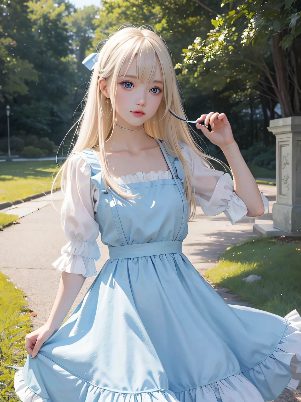 top-quality、超A high resolution、A picture、a photo of a cute girl、Detailed cute and beautiful face、(PureErosFace_V1:0.008)、beautiful bangs、alice in the wonderland、14years、White shiny skin、By bangs、Platinum blonde hair is extra-long, straight and silky hair、finer hair、Charming beautiful crystal clear blue eyes、White apron、a blue dress、nomake-up