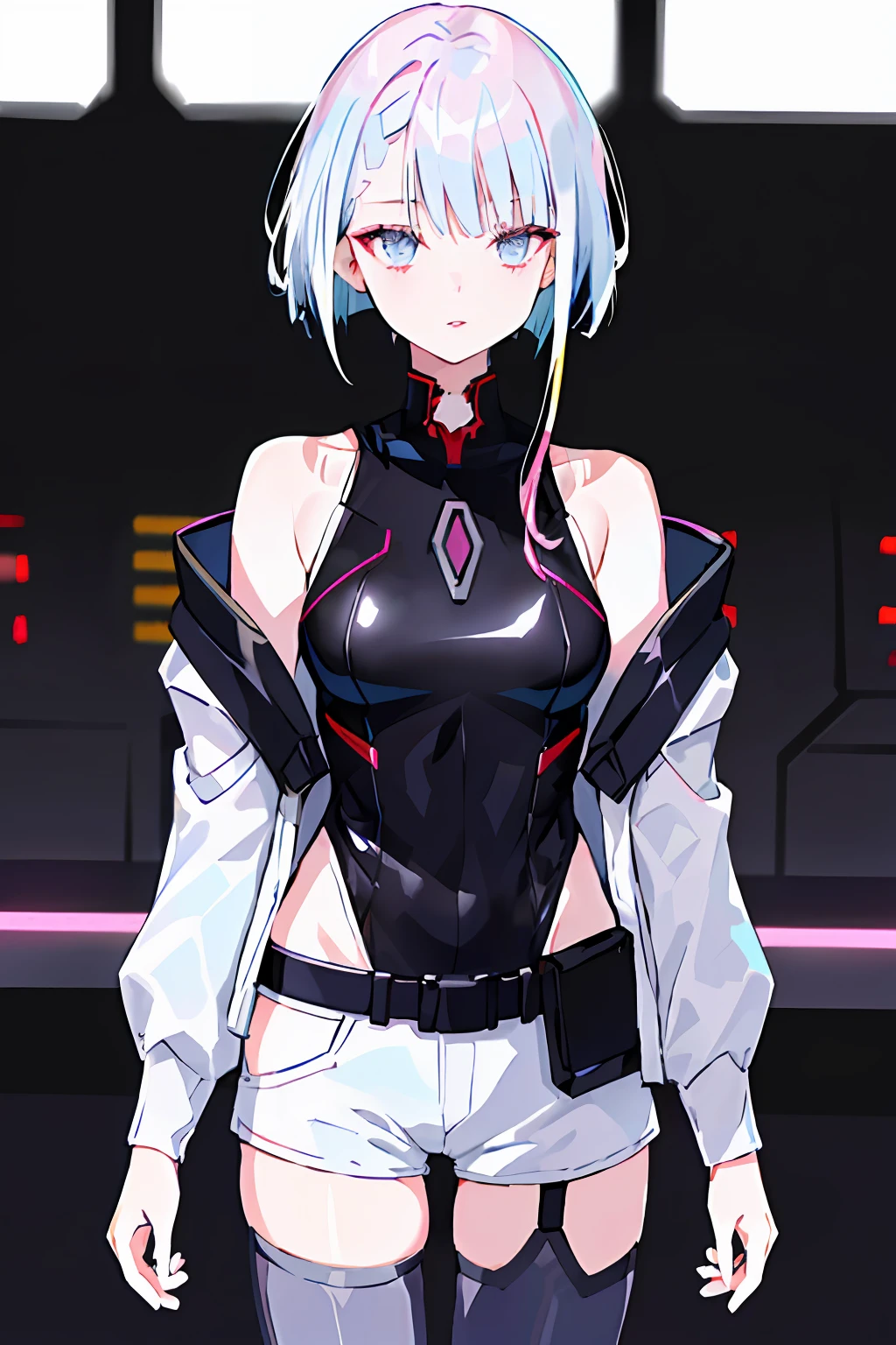 lucy \(cyberpunk\), 1girl, bangss, bare shoulders, a belt, black belt, Black leotard, black trousers, bblurry, short hair, medium breasts, Clothing clippings, (black belt)、Cropped jacket、Cyberpunk、Black pants、bblurry、depth of fields、Gradient eyes、grey eyes、white hair、Pink eyeshadows、jaket、leotard、s lips、machine components、middlebreast, multicolored eyes, Light blue multicolored hair, Away from the shoulder, Open clothes, Open jacket, shortpants, Parting lips, Pink eyeliner, SF, short hair with long locks, shortpants, shortpants, Half-Long Silk Socks、side locks、独奏、Thigh cutout、White jacket、White shorts、