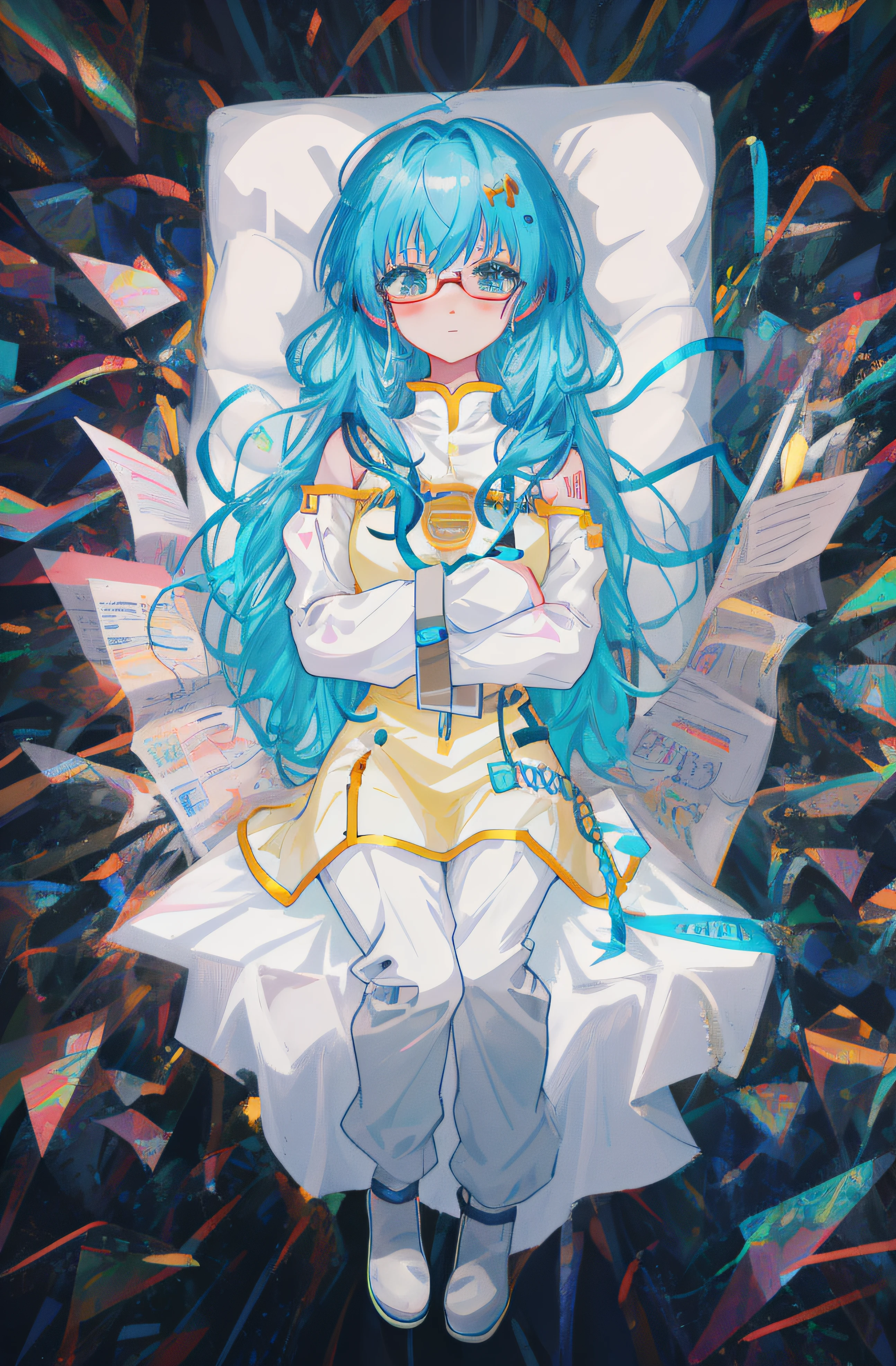 Anime girl with blue hair and glasses sitting on a pile of paper, vocaloid, Digital art on Pisif , mikudayo, nightcore, Anime art wallpaper 8 K, Pisif style, Pisif, style of anime4 K, Anime girl with teal hair, By Yuumei, An anime cover, Pisif Contest Champion, anime styled digital art,best qualityer}, {{tmasterpiece}}, {Extremely Delicately Beautiful},Excellent light and shadow,Extremely detailed wallpapers,Clear and bright sunlight,Blushlush,Strong sunshine,Exquisite Hair,authentic skin texture,droopy bosom,Clear pores and skin wrinkles,Wide shoulders,janelas,((Strong light shines on the face)), full bodyesbian,Huge,Sagging chest,Open-chested cheongsam