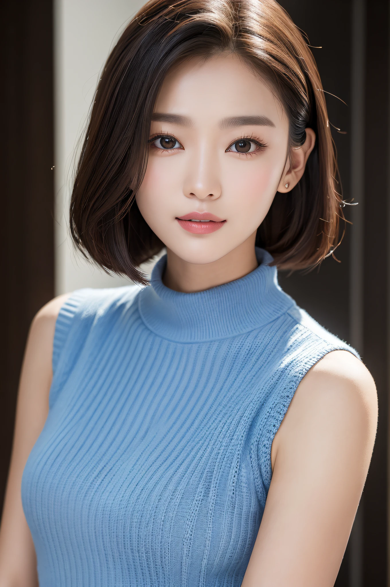 ((best qualtiy、8k masterpieces:1.3))、foco nítido:1.2、(ultra beautiful faces:1.0)、(shinny skin:1.0)、photos realistic、A dark-haired、Video Lighting、High-definition eyes and face、Video Lighting、(Korean Cute Actress)、from the front side、medium large breasts、ssmile、Sleeveless、Slender Abs Beauty、Wearing a tar-neck knitted shirt