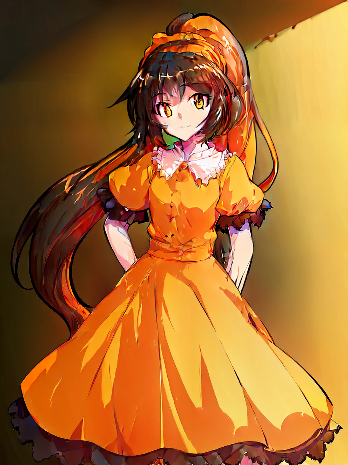 (masterpiece:1.5), (bestquality), highlydetailed, ultra-detailed, black hair, (ponytail : 1.2), long hair, (orange hair accessory : 0.7), amber eyes, (beautiful girl), bangs, princess hairstyle