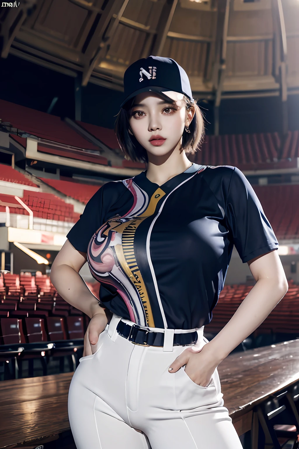 Nikon RAW photo,8 k,Fujifilm XT3,masterpiece, best quality, realistic, photorealistic,ultra detailed,1girl,solo, Wjsn Eunseo,
wearing (((baseball uniform)),trouser, sexy, erotic,seductive, mature female,thick body, milf, mature woman, maturebody, short hair, (gigantic breasts:1.2), skindentation, tall ,narrow waist, thighs, wide hips,eyeliner, eyelashes, perfect face, detailed eyes, facial lighting, indoor stadium, audience, crowd, looking at viewer(masterpiece, high quality:1.2),