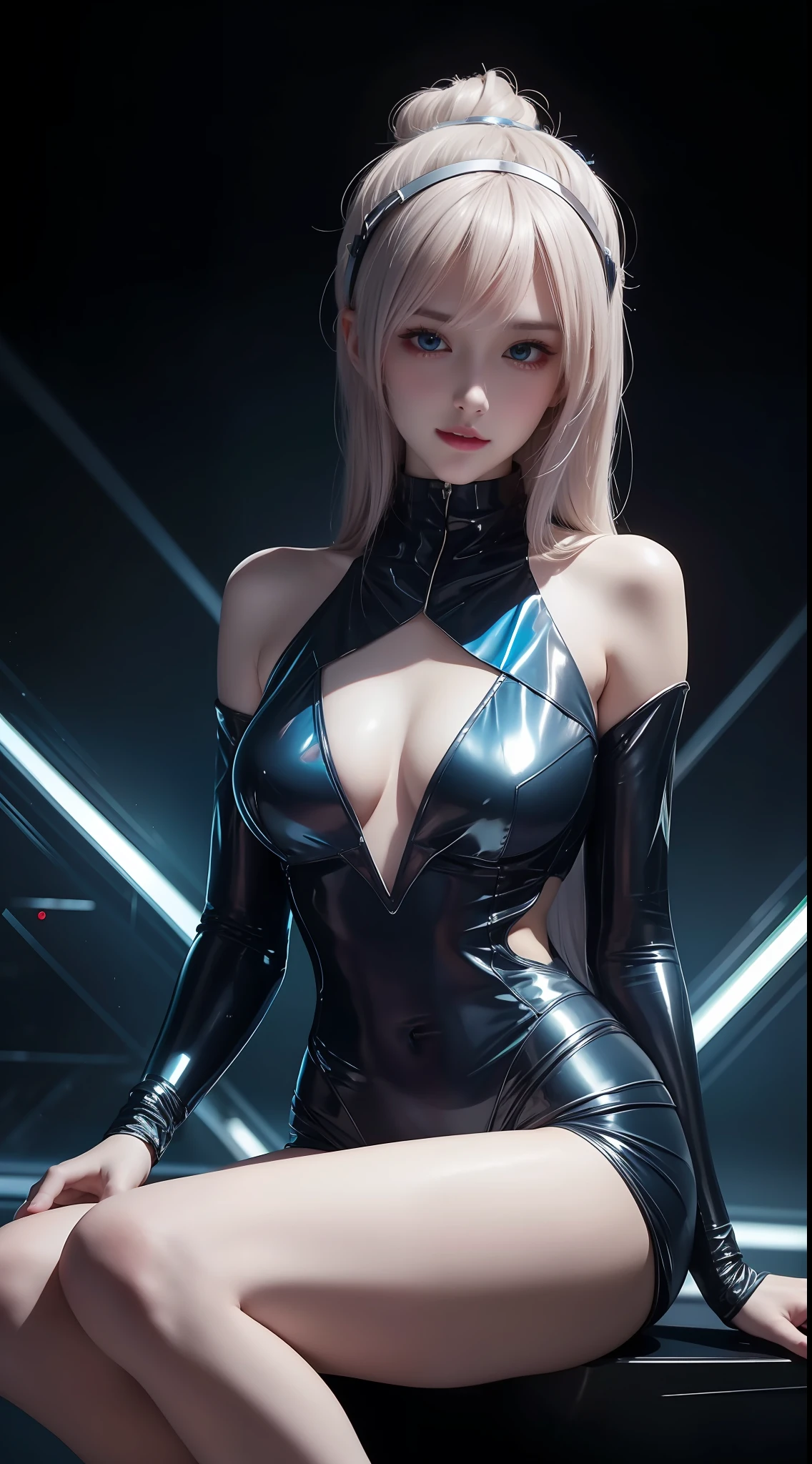 8K uhd, materpiece, a beautiful girl, detaild eye, good face, detaild eyebrow, beautiful outfit, blue color outfit, cyberpunk, Cyberspace, shining, diaco lighting, sitting, whole body capture,