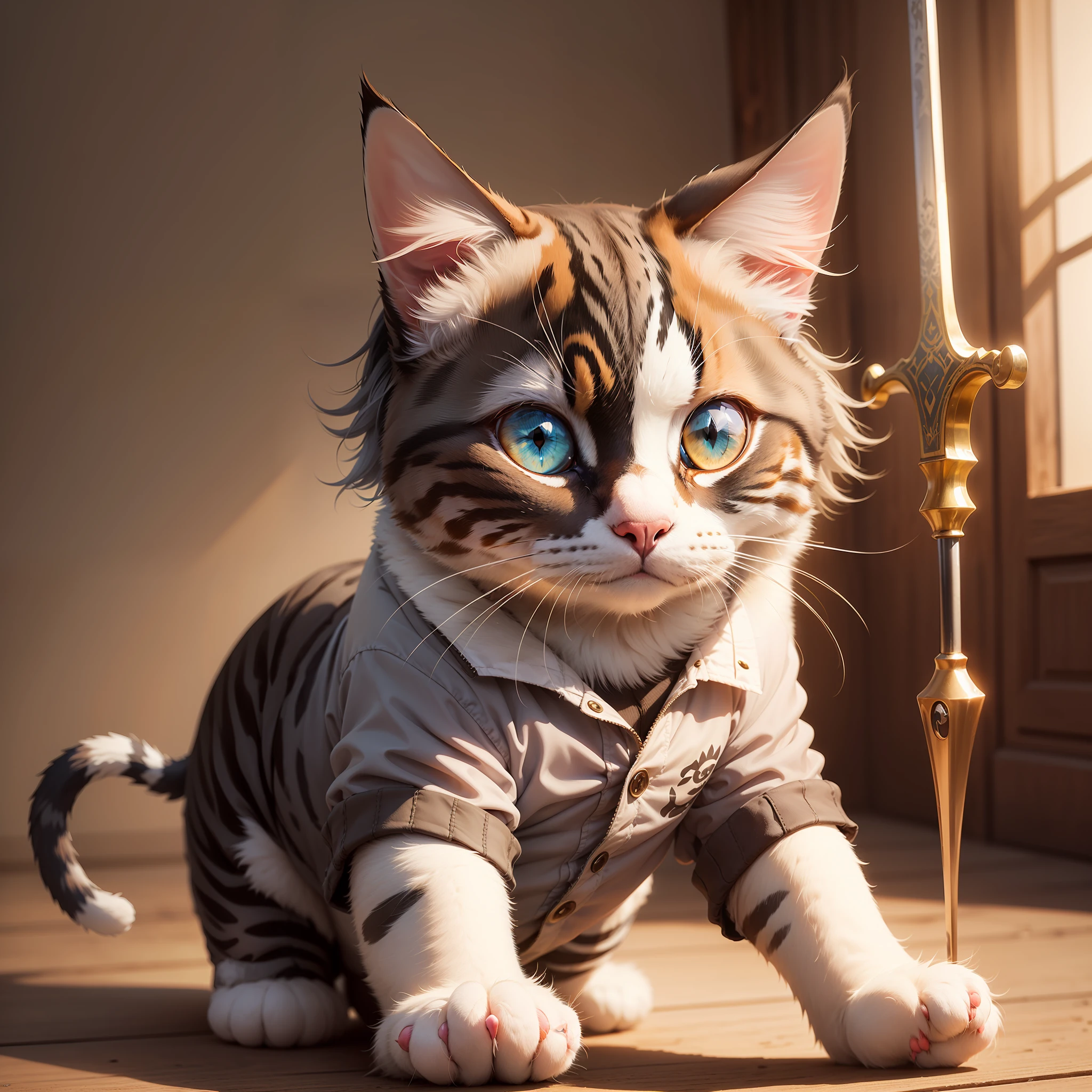 ((A cat in clothes)),,Full shot,Fluffy hair, Anthropomorphic expressions, Rich colors, Exquisite details, Masterpiece, Realistic,artsation, CG, Realistic, illusory engine , Real light and shadow, Beautiful rich colors, Amazing details, High quality,Four ears,All four ears have heterochromic pupils,adolable,One eye is blue,One eye is orange,Holding a sword,Walk upright,
