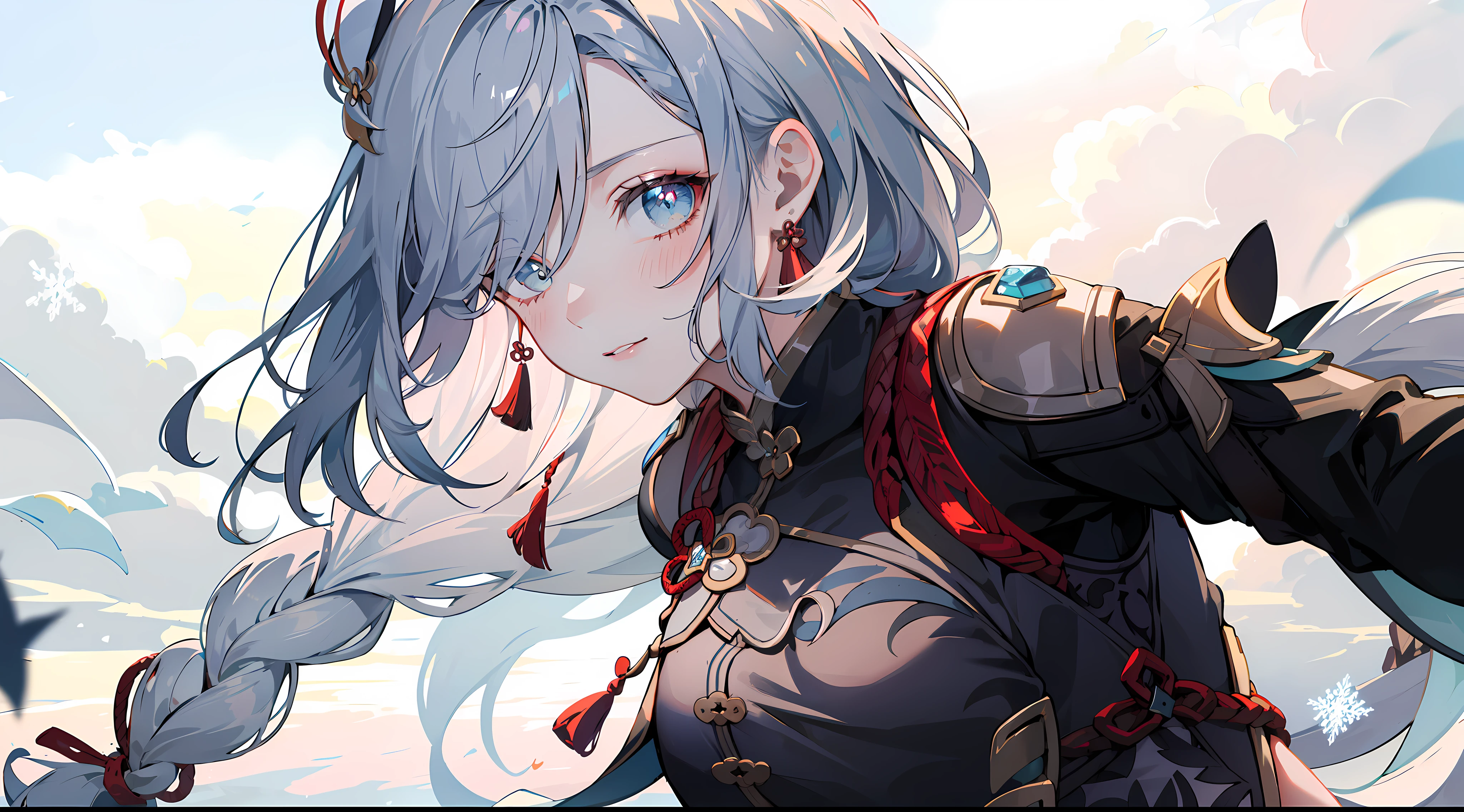 shenhedef, upper body, seductive look, blush, outdoors, snowflake scenery, looking at viewer, cloudy, moody lighting, (perfect detail eyes:1.2), glowing eyes, (long hair one braid:1.2), elemental skill effect, (Masterpiece, Best Quality, High Quality:1.4), professional artwork, Intricate Details, field of view, sharp focus, detailed painting, photorealistic lighting, trending on pixiv, (vivid lighting, vibrant colors:1.05), realistic shadows, ambient occlusion, (athletic body:1.3), mature woman, 30yo,