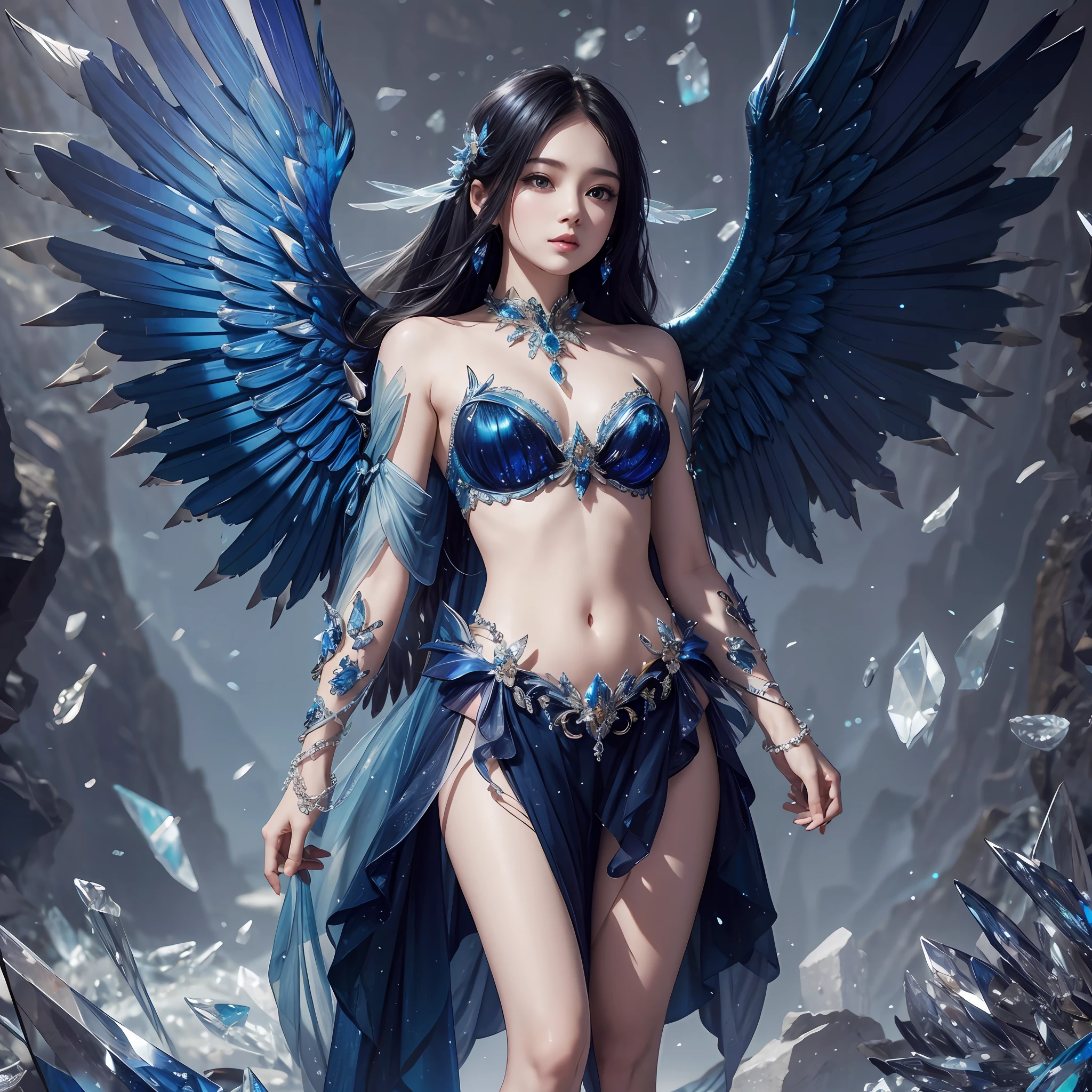 blue wings,Crystal wings,(Super detail),Gradient color,Ray traching,Masterpiece, 16k