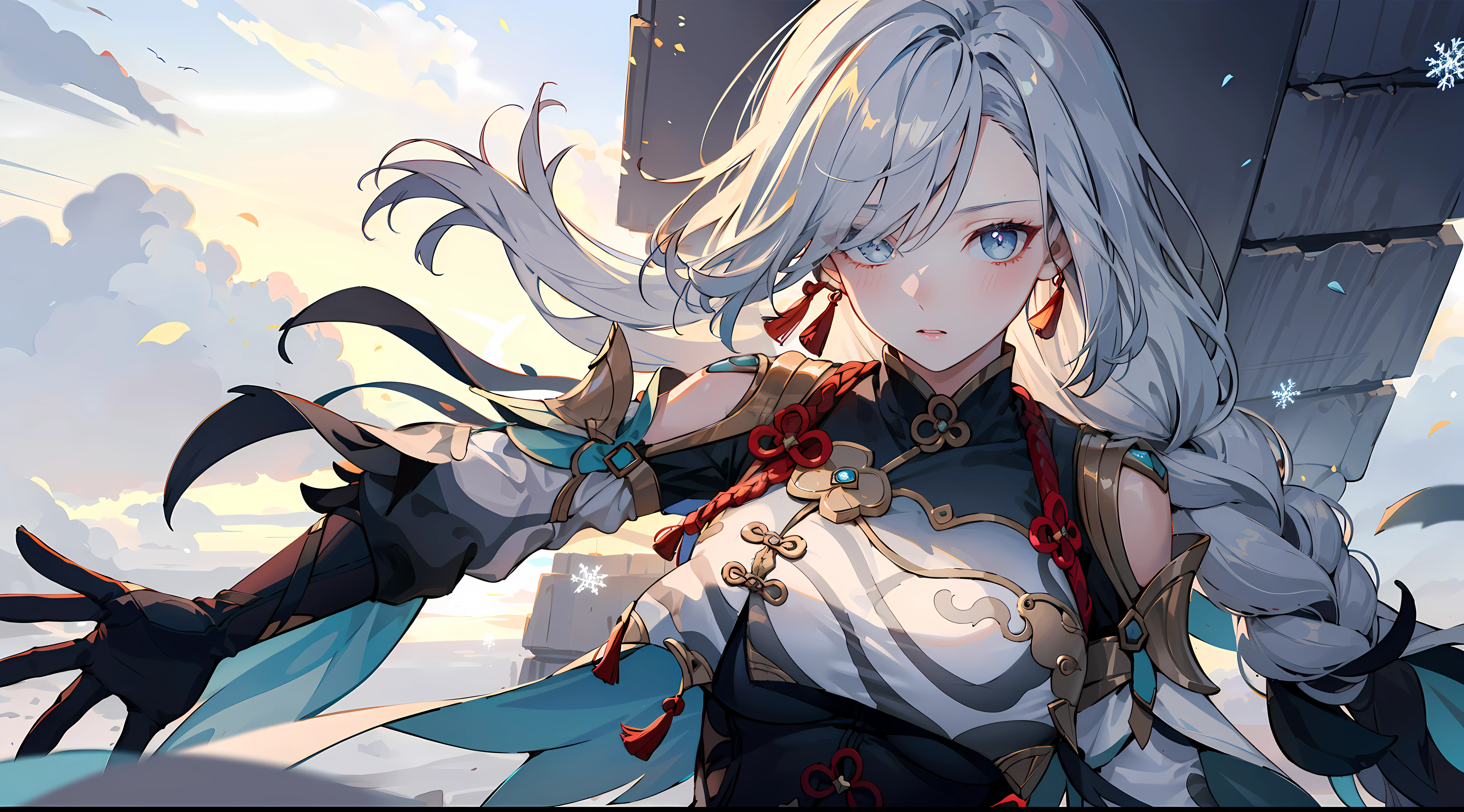 shenhedef, upper body, seductive look, blush, outdoors, snowflake scenery, looking at viewer, cloudy, moody lighting, (perfect detail eyes:1.2), glowing eyes, (long hair one braid:1.2), elemental skill effect, (Masterpiece, Best Quality, High Quality:1.4), professional artwork, Intricate Details, field of view, sharp focus, detailed painting, photorealistic lighting, trending on pixiv, (vivid lighting, vibrant colors:1.05), realistic shadows, ambient occlusion, (athletic body:1.3), mature woman, 30yo,