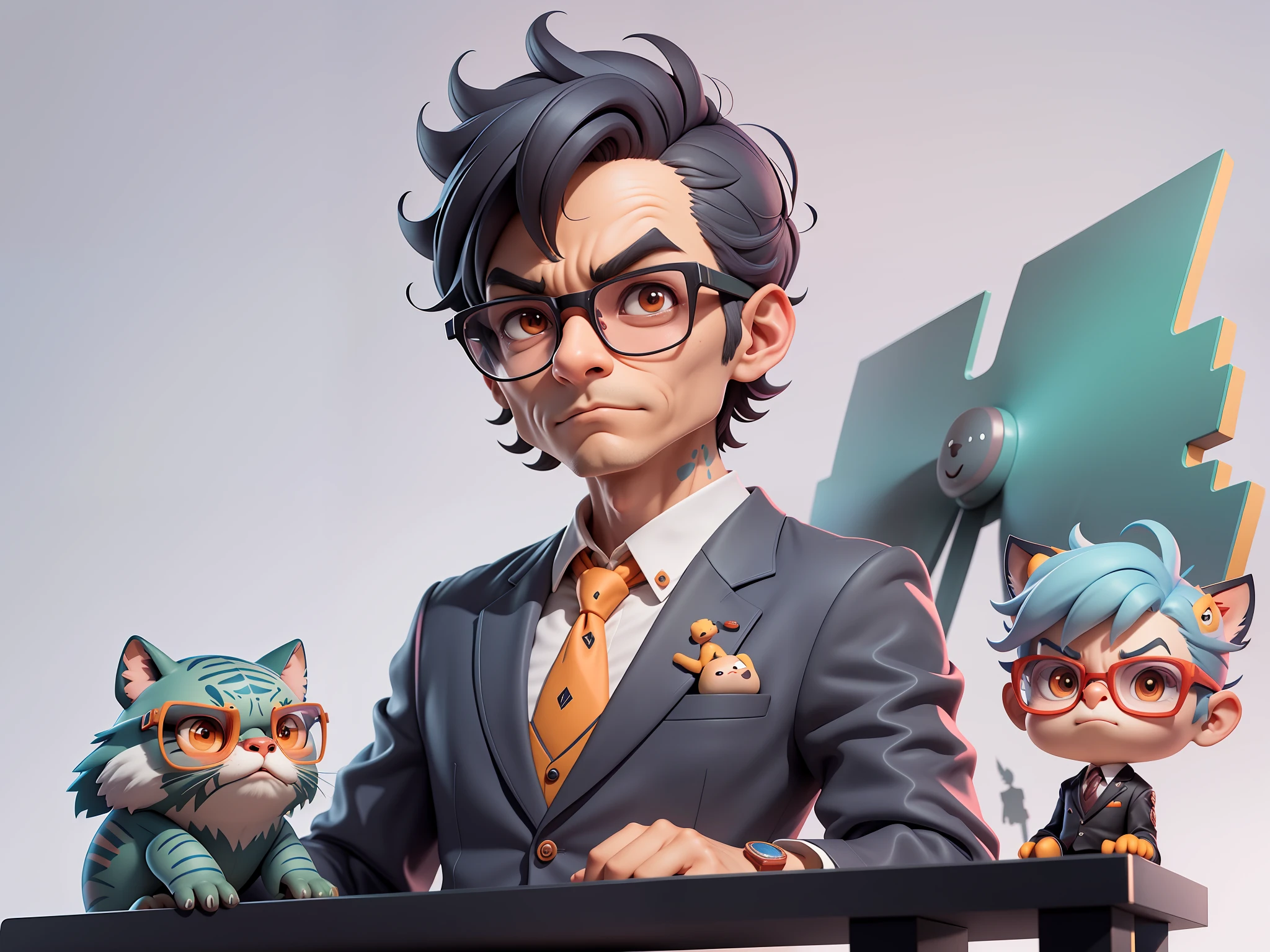 A young man in a suit, Short hair and glasses sat at his desk,holding laptop,digitial painting,tigre,3D character design by Mark Clairen and Pixar and Hayao Miyazaki and Akira Toriyama,4K HD illustration,Very detailed facial features and cartoon-style visuals。
