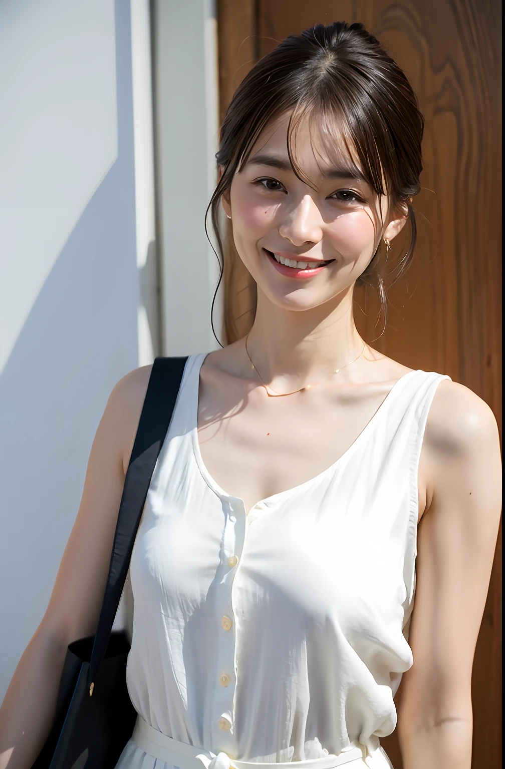 ((8K:1.27)、top-quality、masterpiece、超A high resolution:1.2)Photo Beautiful Japan woman (pleasing:1.1) (White shirt clothes:1.21) Design by Gregg Lutkowski and Alphonse Mucha Intricate Elegance、Fantasia、the detail、Geometry、Gradient lighting、1girl in、26 year old、Delicate skin、looking at the spectator、Brown-eyed、(short flaxen hair:1.2)、(tiny chest:1.0)、(medium areola:0.8)、(Photorealsitic:1.4)、(top-quality:1.0)、(超A high resolution:1.0)、(without hands:1.0)、8K、Raw photography、 (Representative songs: 0.2), (pureerosface_v1:0.5)、Tight clothes、Tight clothes、tote bags、Sleeveless、Onepiece、Sleeveless、see -through、Laugh、a necklace、Linen material、The shirt、Ginza 4-chome、After work、early evening、Business Fashion、Parted bangs、Hair is tied up、Close-up hairstyles、Gentle smile、Lapel Rack、up chest、the shape of the small breasts is clearly visible、Hang your bag、stick out buttocks、big butts、Futomo、