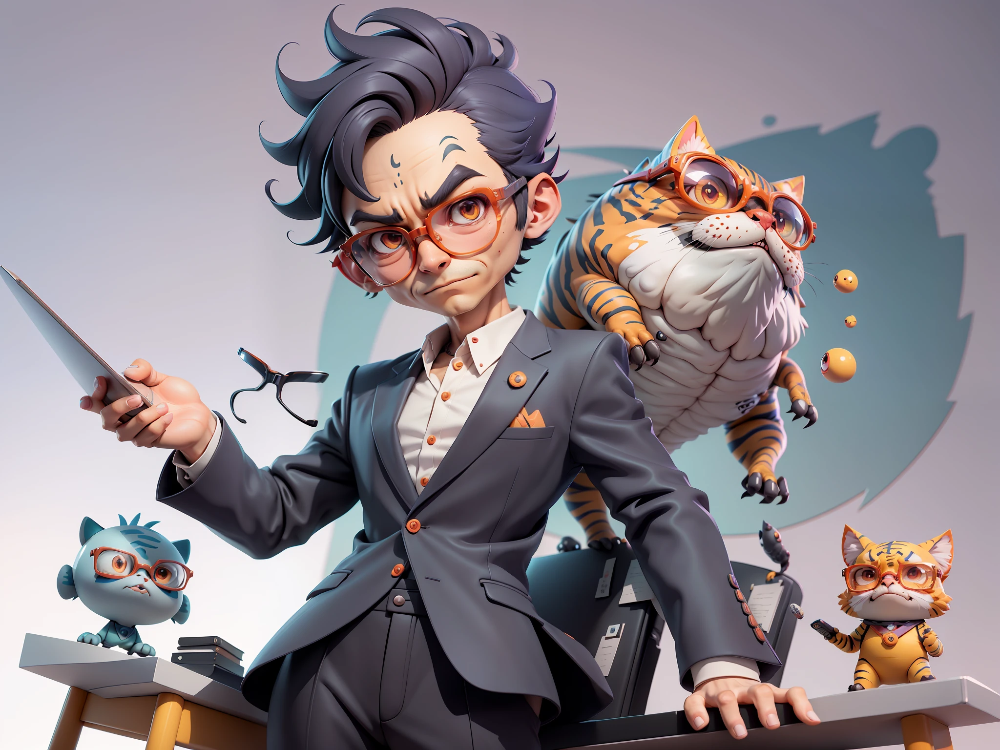 A young man in a suit, Short hair and glasses sat at his desk,holding laptop,digitial painting,tigre,3D character design by Mark Clairen and Pixar and Hayao Miyazaki and Akira Toriyama,4K HD illustration,Very detailed facial features and cartoon-style visuals。