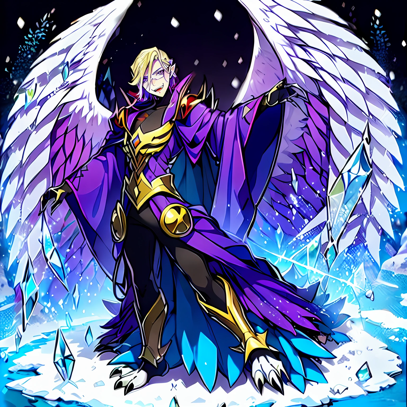 digimon \(creature\),masterpiece, best quality, Beautiful Art Style, 1boy, Solo,young man, ((Vil Schoenheit as a Digimon)), ((Evil queen from Snow White themed )),((Glass Wings)), ((Bird like)),(( Blonde hair with a purple gradient))((White , Purple and Light blue color scheme)), Dynamic pose, Mid transformation sequence , stylish pose, ((Fangs))