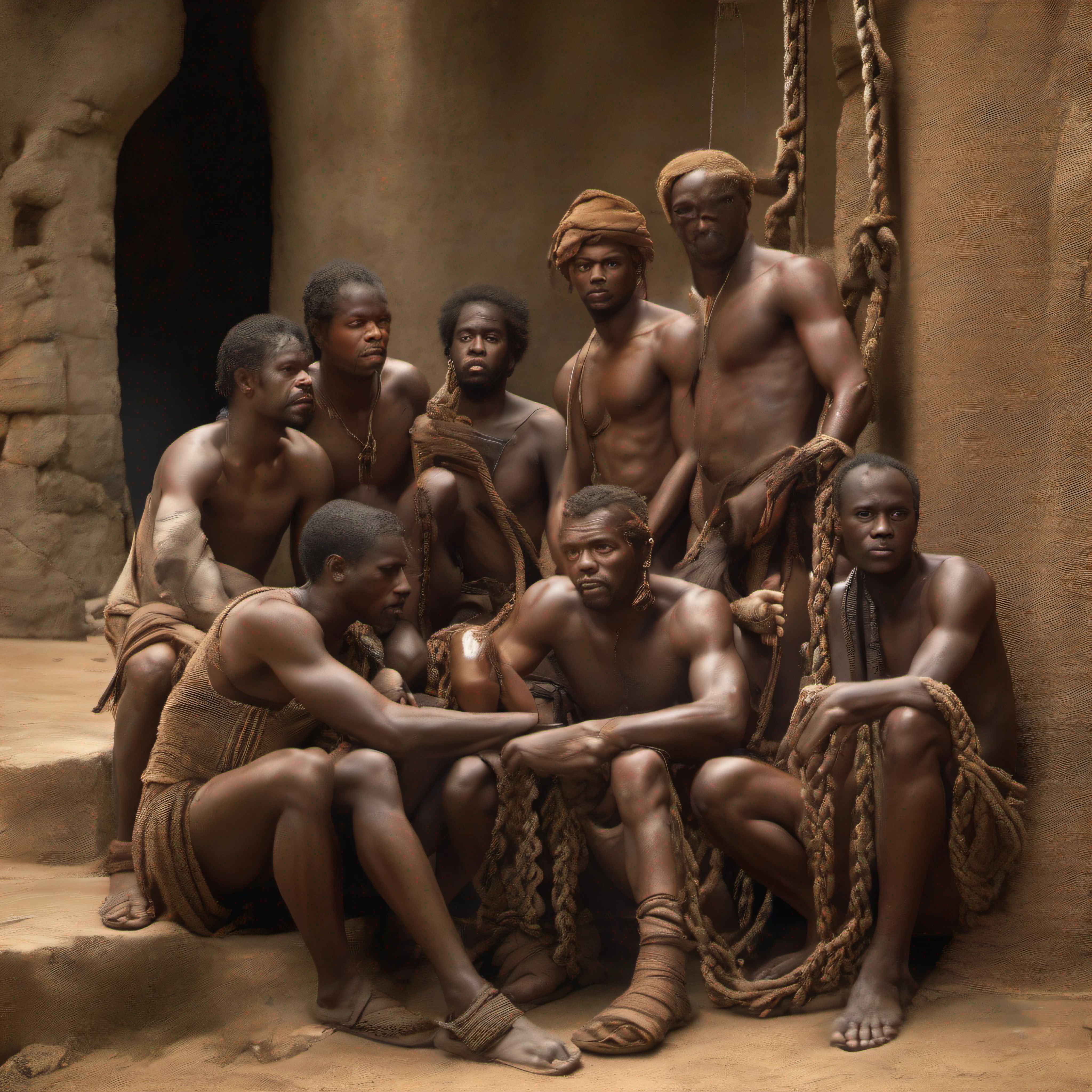 Five half-naked African slaves tied with a rope, descendant un escalier, grandes souffrance, tristesse dans les yeux, corps entier nu, no clothe, pas de coiffe, cheveux noirs, Dynamic scene from the movie Amistad, looking at the 50mm camera, Realistic photo HD, Diffuse light, Rebel Republic Environment, , hyper detailed, Whole size, Five half-naked African slaves tied with a rope, descendant un escalier, tristesse dans les yeux, Whole naked body chained with wrought iron chains, no clothe, pas de coiffe, cheveux noirs, Dynamic scene from the movie Amistad, looking at the 50mm camera, Realistic photo HD, Diffuse light, Rebel Republic Environment, , hyper detailed, Whole size, Plusieurs hommes et femmes esclaves debout, loin cloth, esclaves, Himba, corps entiers, all are chained, chaines en fer, Hands tied with a large rope, Homme africain, Enslaved humans, Screenshot of movie 300, Samuel Jackson, africain, The man has black skin, Scene from the movie Amistad, dark-skinned, pagne