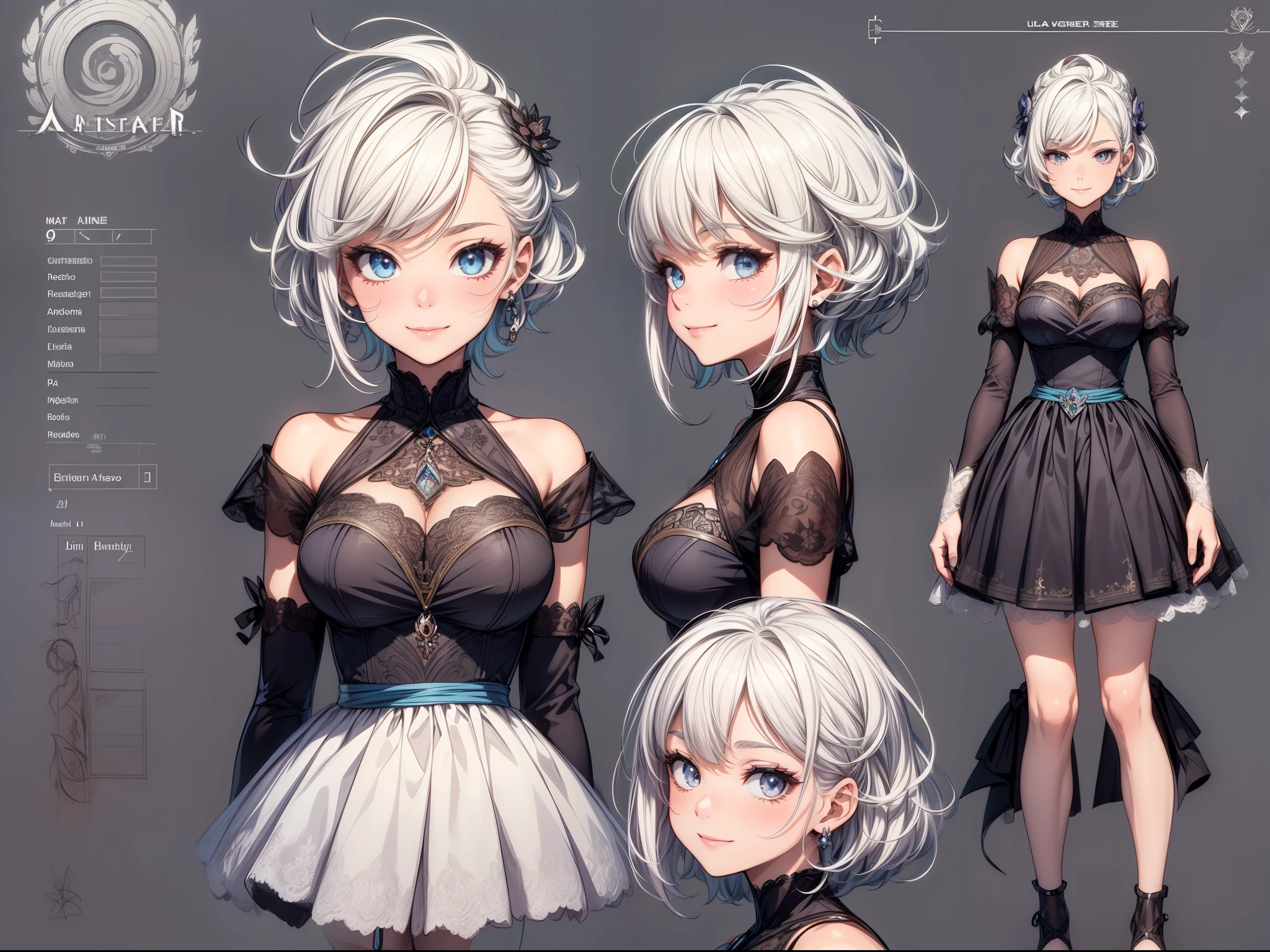 (masterpiece), ultra detailed, 8k, ((A character sheet:1.4)) or reference sketch of a a beauty gal girl, with colorful dress, she has short hair, and she smiling, with white hair, ultra realistic and sharp detail and intricate, intricate details, and style, simple background
illustration,