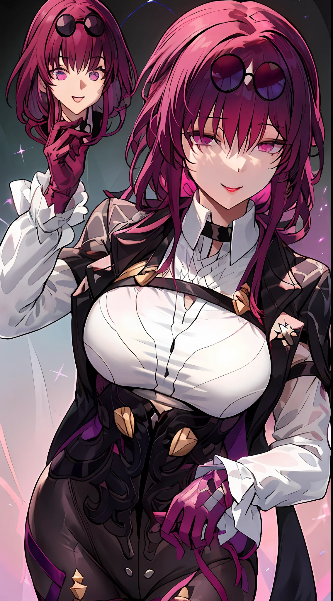(Masterpiece, Best quality),8K,  one-girl, 独奏, KafkaHKS, Playful expression！eyewear on head,   hair between eye，Long sleeves, Purple gloves, White shirt,  Black silk thighs， sunglasses on head， long whitr hair， looking at viewert， Reddish-purple hair，a pink eyes， Short purple nails， Scarlet eyes，long whitr hair，Wine，wineglass