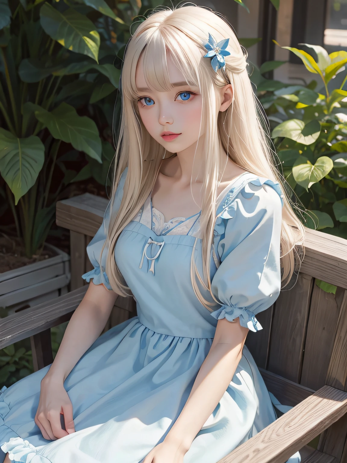 top-quality、超A high resolution、A picture、a photo of a cute girl、Detailed cute and beautiful face、(PureErosFace_V1:0.008)、beautiful bangs、alice in the wonderland、14years、White shiny skin、By bangs、Platinum blonde hair is extra-long, Straight hair is silky、finer hair、Charming beautiful crystal clear blue eyes、White apron、a blue dress、nomake-up