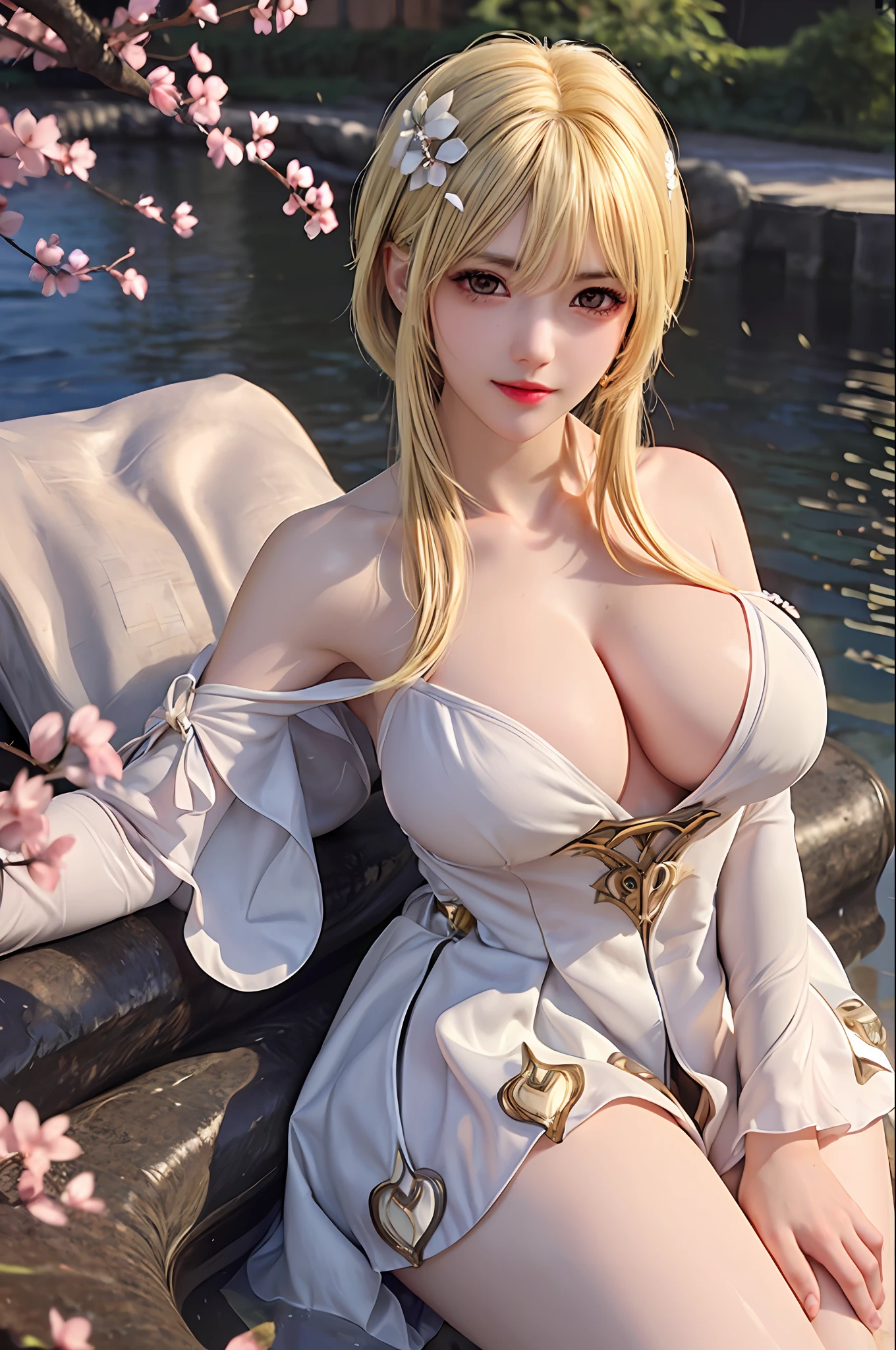 delicated best quality ,masterpiece, illustration, an extremely delicate and beautiful, extremely detailed ,CG ,unity ,8k wallpaper, Amazing, finely detail, masterpiece,best quality,official art,extremely detailed CG unity 8k wallpaper, absurdres, incredibly absurdres, huge filesize , ultra-detailed, highres, extremely detailed,beautiful detailed girl, extremely detailed eyes and face, beautiful detailed eyes,light on face,1girl, (lumine/genshin impact), (Super realistic), , (((blonde hair))), (two side curls), ((shoulder-length hair), (Women's short hair messed up at the tail), (yellow eyes), (Detailed description of the eye), ((hair jewelry)), (((describe the arm in detail))), ((charming lingerie)), (((Super boobs))), (saggy breasts), ((Big ass)), ((thighs)), ((Plump body)), (Big breasts), ((Plump boobs)),, (detailed description of hair), jewelry, (gem earrings), ((upper body)), (Bare shoulder), ((collarbone)), ((off shoulder)), (Shiny skin), (Detailed description of eyes), (detailed description of face), (detailed description of body), (white and translucent skin), peerless beauty, (extreme beauty), (red lips), (shy ), ( smile), (facing the viewer), ((facing)), (((cherry blossom))), (falling petal), (((cherry blossom))), (falling petal), (( sexy nightgown)), (sexy lingerie), ((long sleeves)), ((wide sleeves)), (thin silk), (penetration), ((Lying on the shore of a lake full of cherry blossom), (She sits gracefully by the tranquil cherry blossom lake, her feet playing in the water, bathed in the soft glow of the moonlight), the water surface is reflective, (any pose), ((There is a lot of water on the body))
