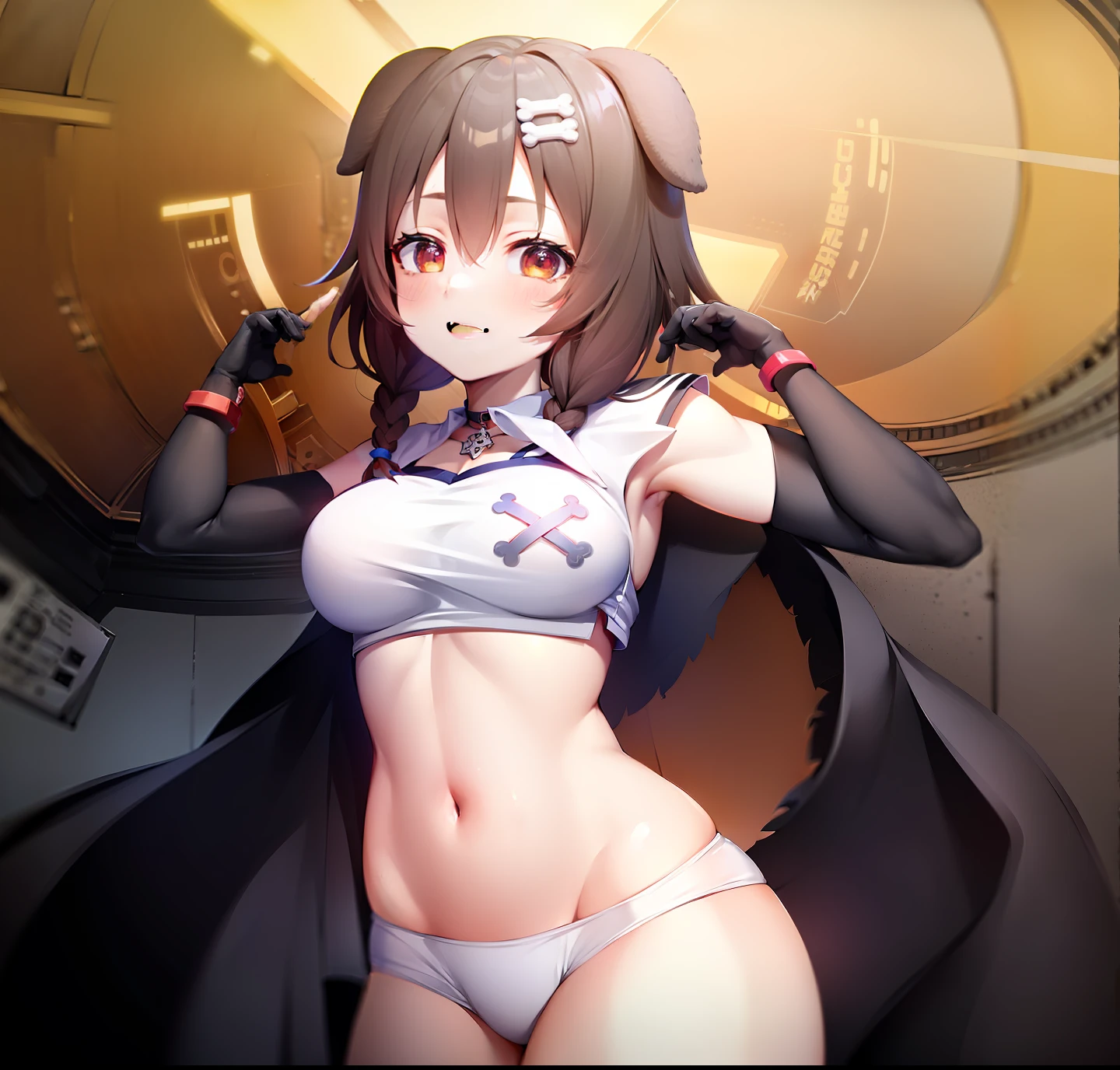 Make a work of art by vtuber korone, uma exposto, seios grandes, showing the muscles, fundo de academia, barriga de fora.