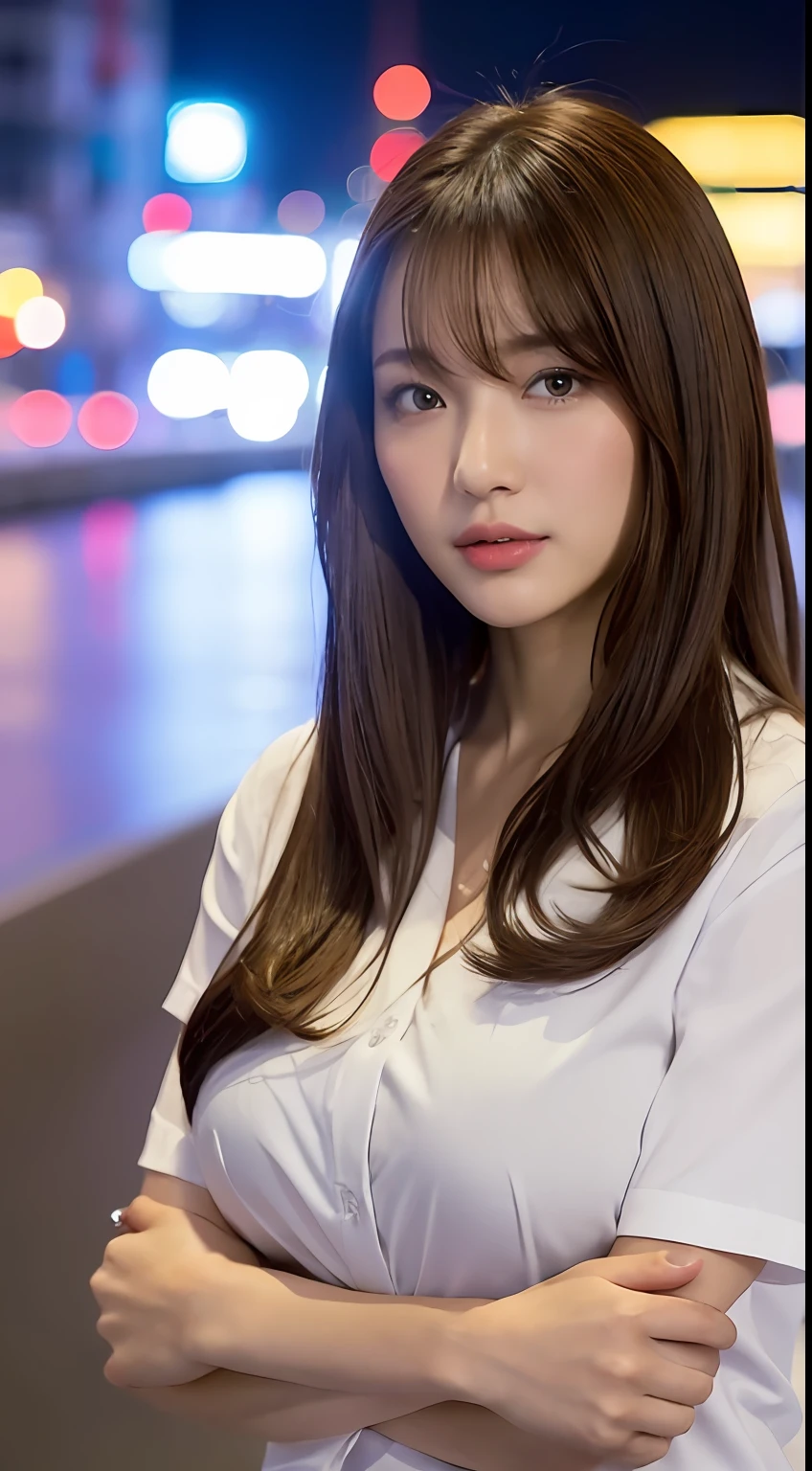 （（nighttime scene，逼真光线，best qualtiy，8K，tmasterpiece：1.3）），1girll，Beautiful beauty with a slim figure：1.4，（brown  hair，Plump breasts：1.3），Business shirt：1.3，sofe，Super detailed face，Detailed eyes，二重まぶた