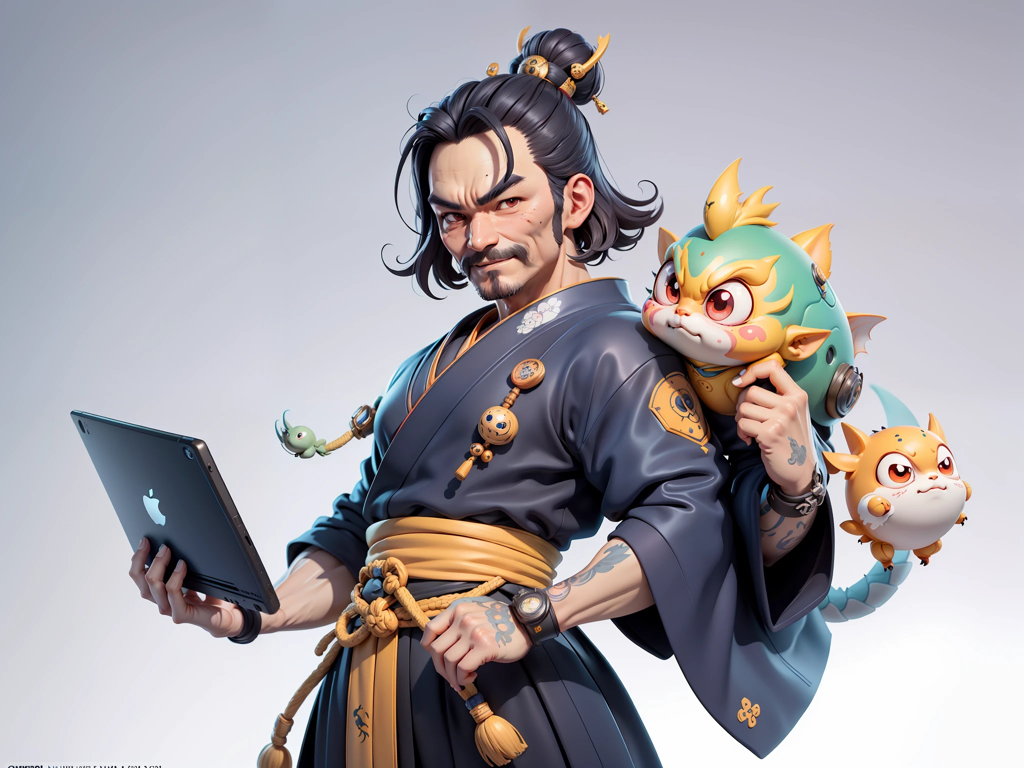 (Daisaku),(Need),(Super meticulous),(full bodyesbian:1.2),Japanese ukiyo-e girl，japanese geisha，Beautiful，Oriental dragon，Aeolian Thor，Raised sexy，爆乳，Oriental face，TV Anchor，Bust portrait illustration，Alone，In black suit，a blue tie，The face is slightly chubby，The face was clean，without a beard，Black super short hair，Black eyes，Smile confidently，3C computer sub-products，iPad， iphone，Digital painting，3D character design by Mark Clairen and Pixar and Hayao Miyazaki and Akira Toriyama，The illustration is a high-definition illustration in 4K resolution，With very detailed facial features and cartoon-style visuals。